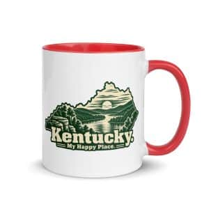 Kentucky Color Inside Coffee Mug: River valley at sunset, Woodcut Kentucky Silhouette - 11 oz - Main