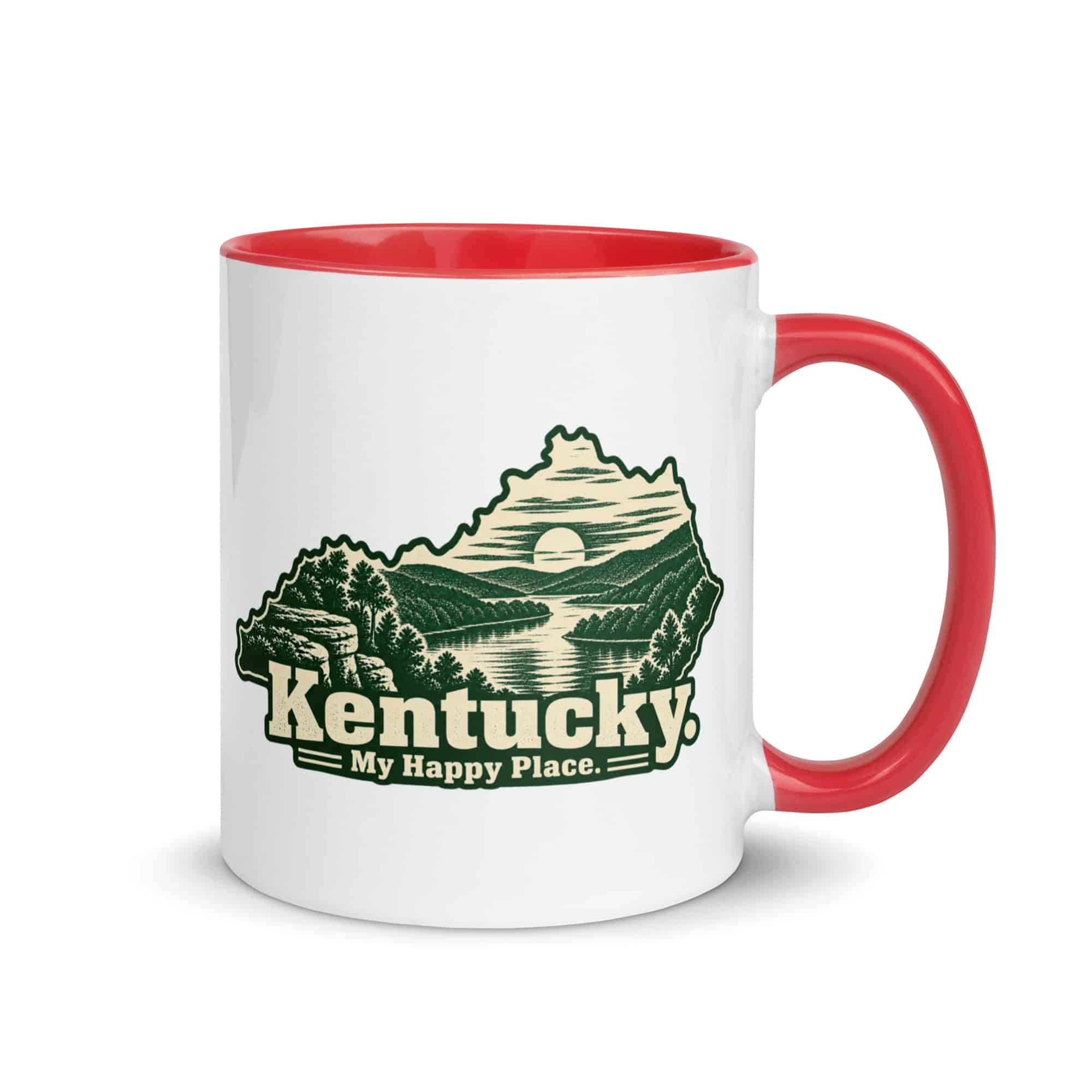 Kentucky Color Inside Coffee Mug: River valley at sunset, Woodcut Kentucky Silhouette