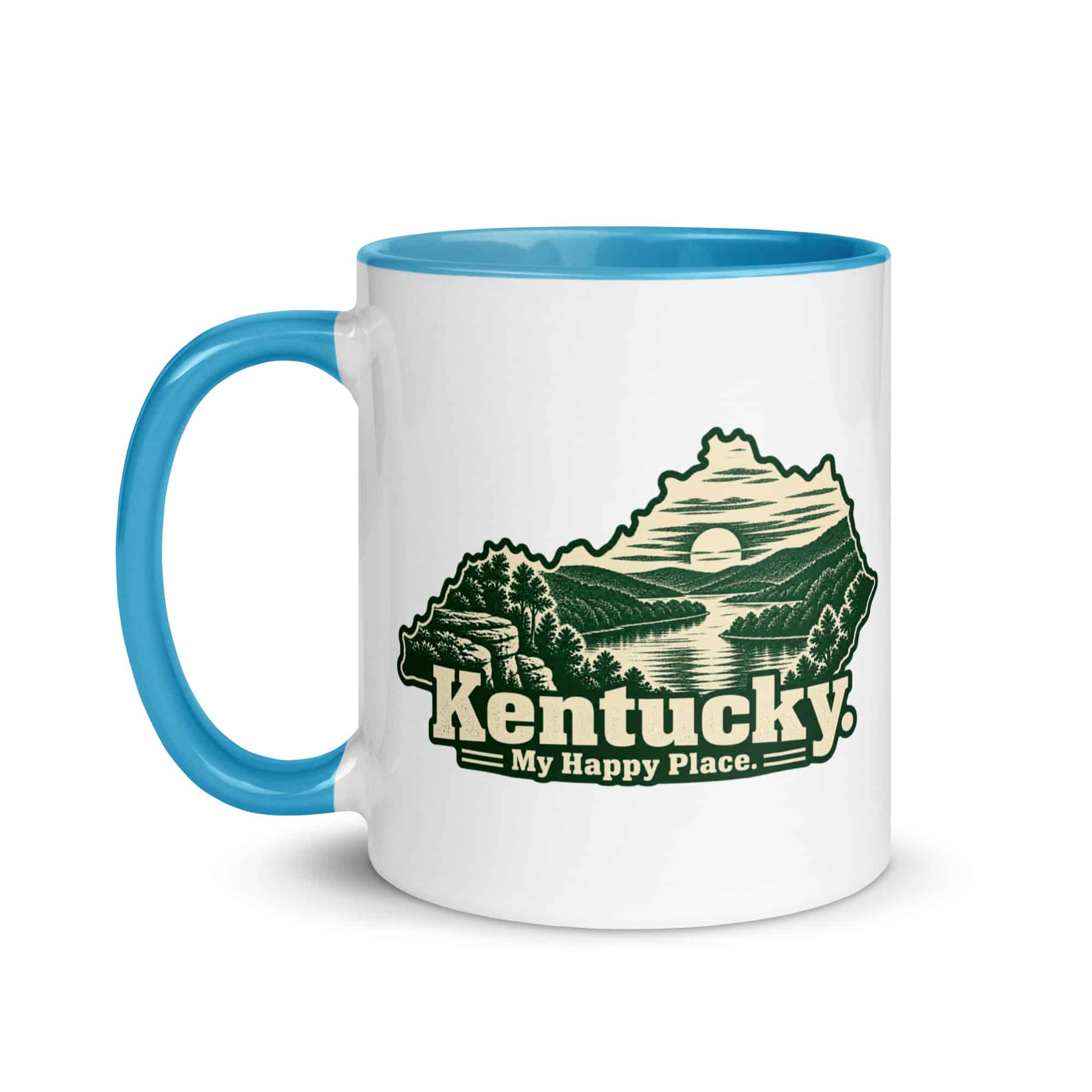 Kentucky Color Inside Coffee Mug: River valley at sunset, Woodcut Kentucky Silhouette