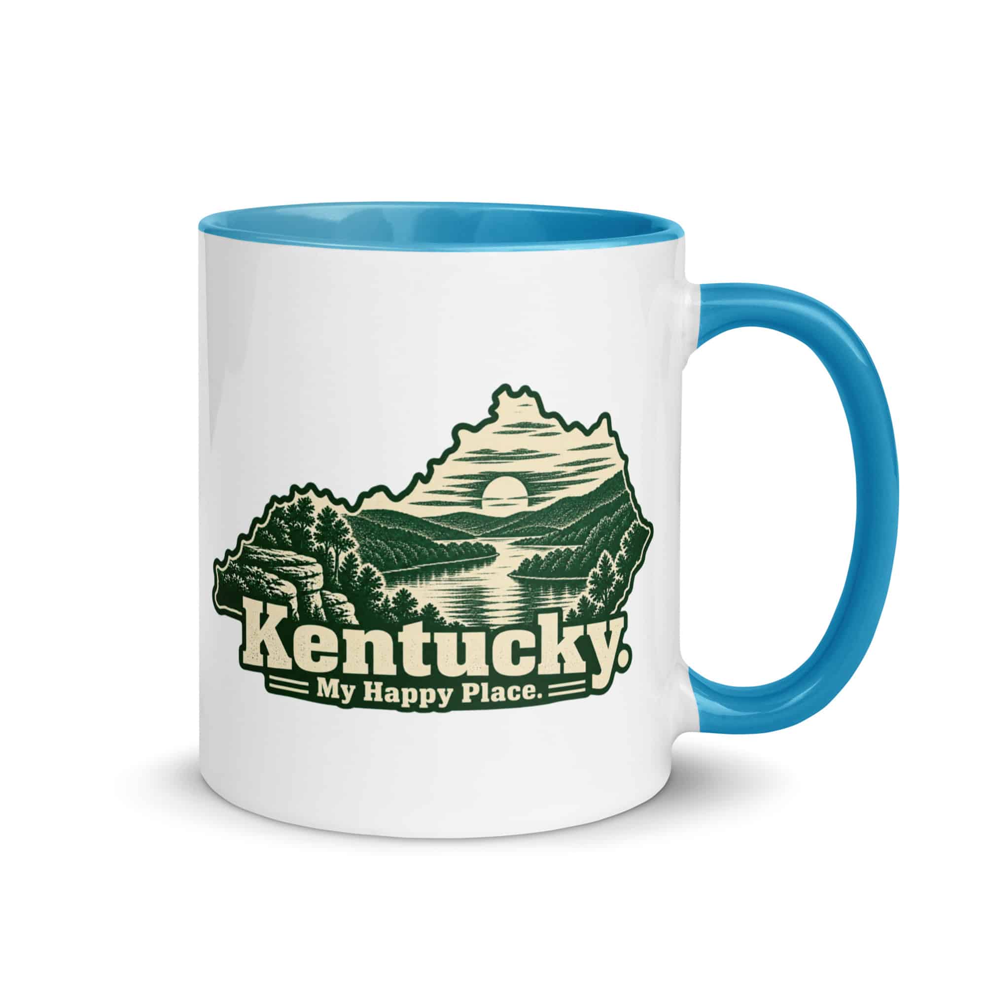 Kentucky Color Inside Coffee Mug: River valley at sunset, Woodcut Kentucky Silhouette