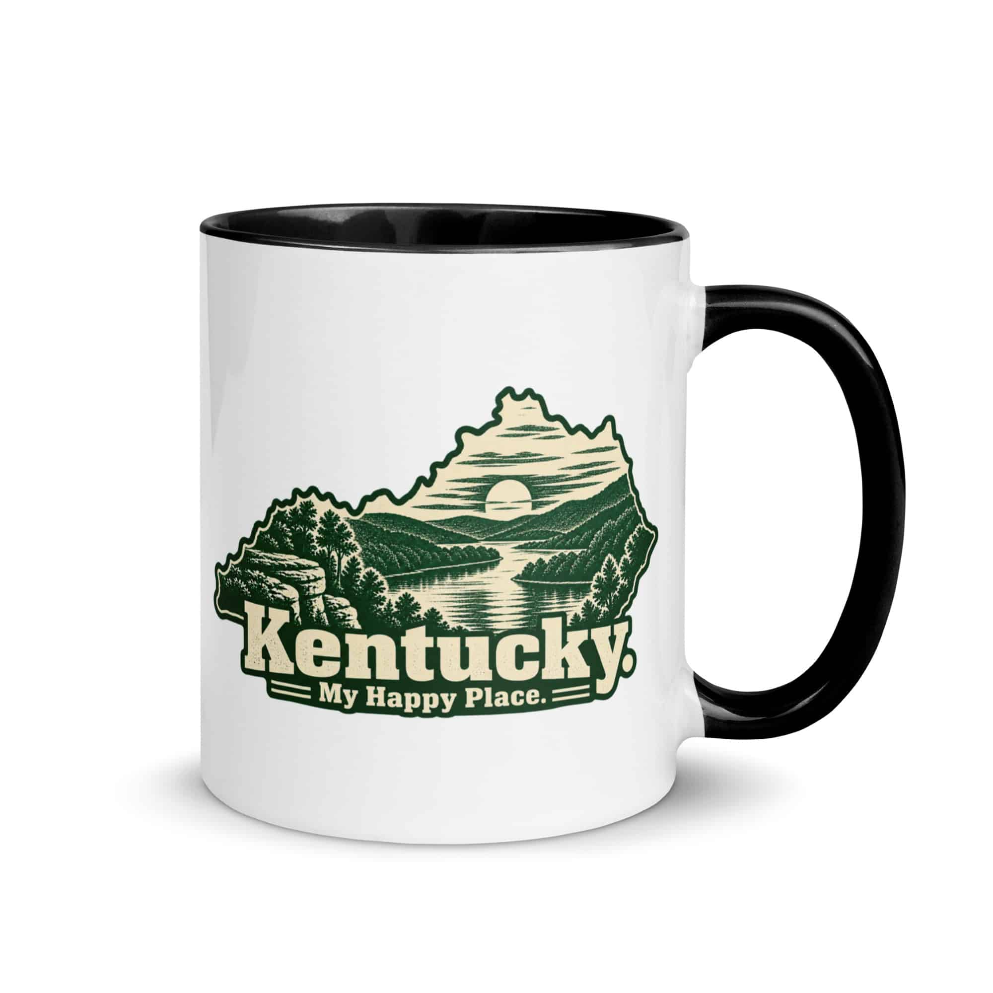 Kentucky Color Inside Coffee Mug: River valley at sunset, Woodcut Kentucky Silhouette