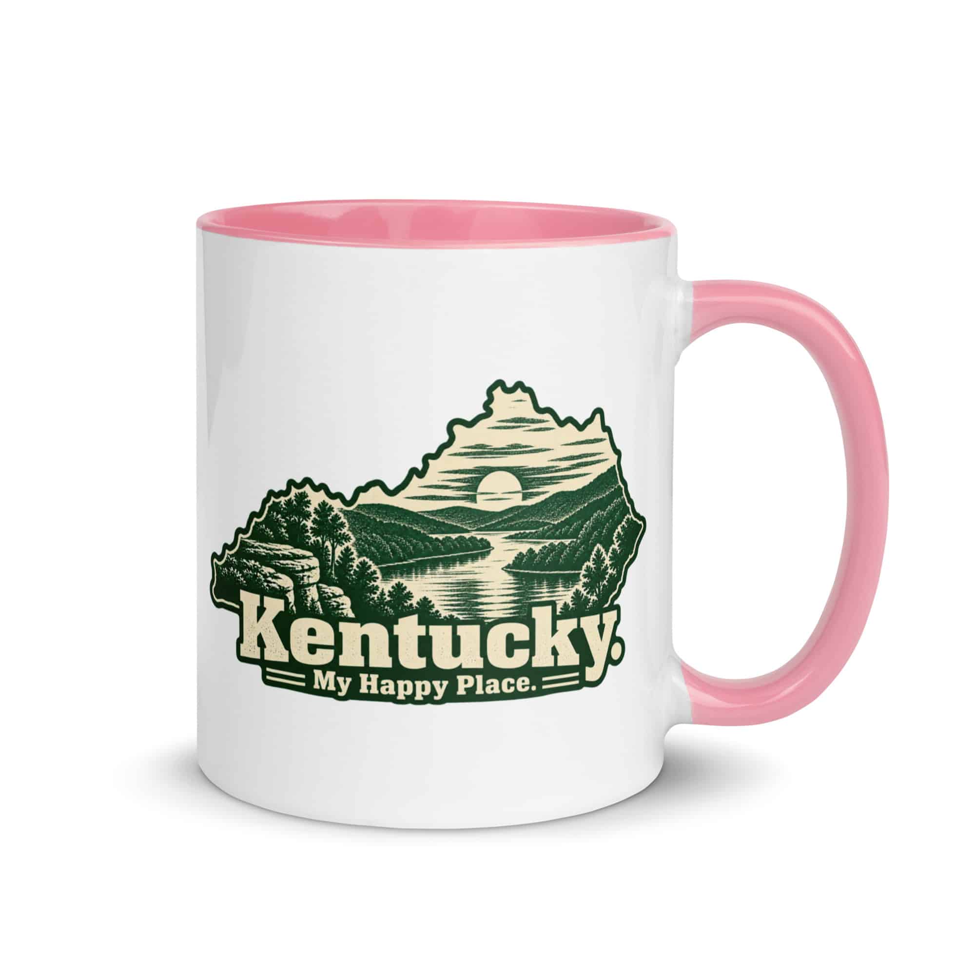Kentucky Color Inside Coffee Mug: River valley at sunset, Woodcut Kentucky Silhouette