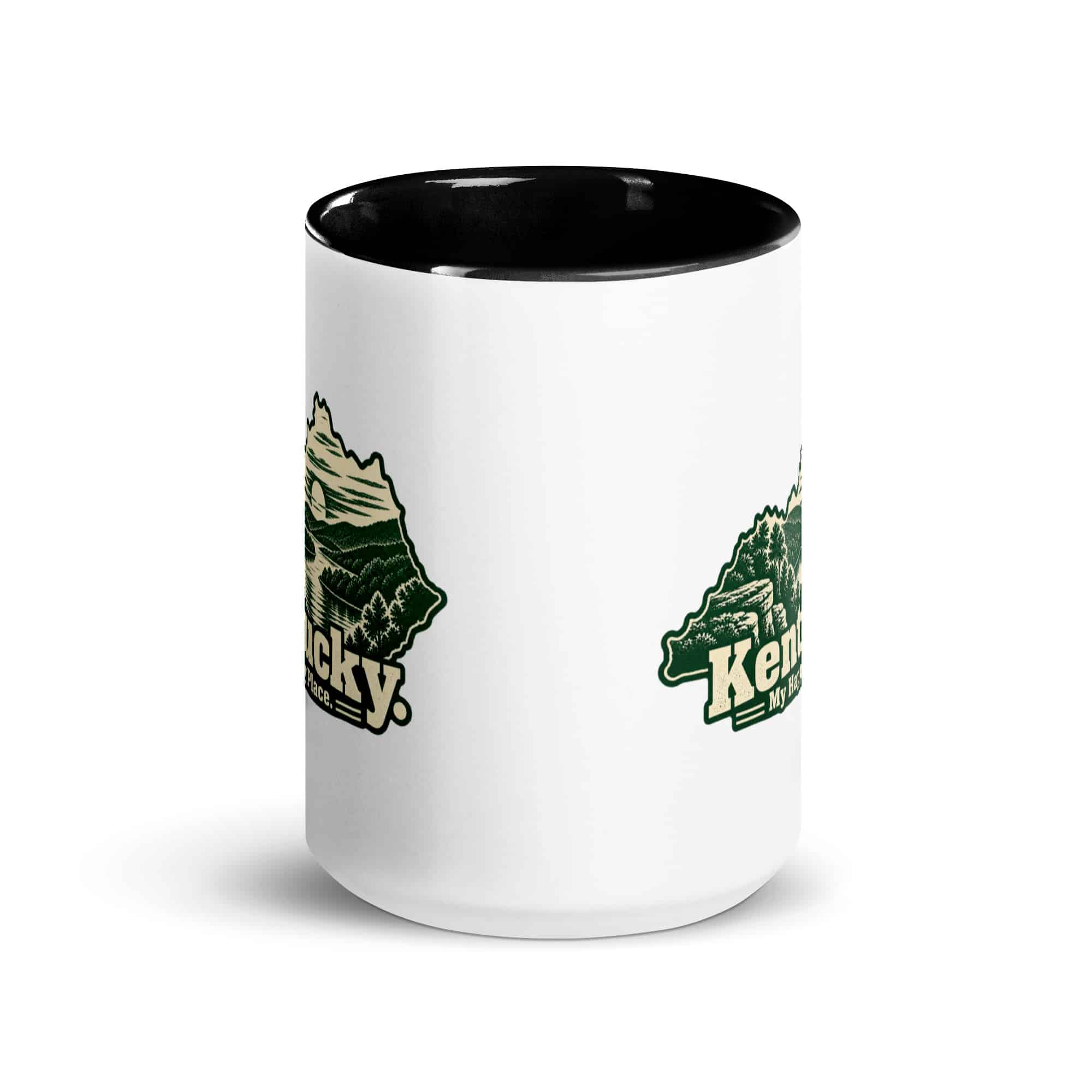 Kentucky Color Inside Coffee Mug: River valley at sunset, Woodcut Kentucky Silhouette
