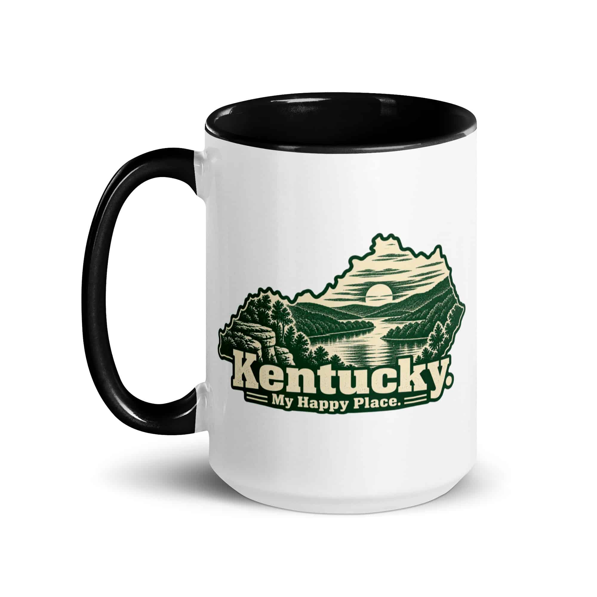 Kentucky Color Inside Coffee Mug: River valley at sunset, Woodcut Kentucky Silhouette