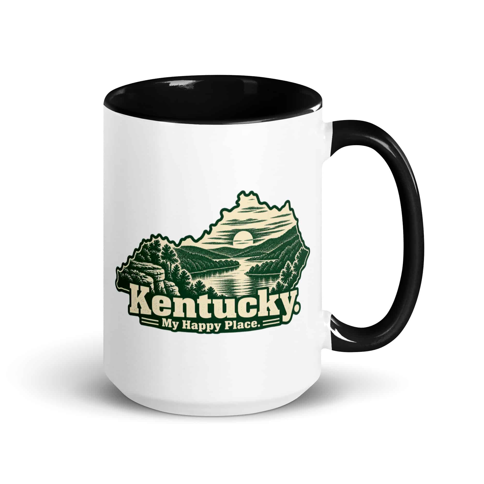 Kentucky Color Inside Coffee Mug: River valley at sunset, Woodcut Kentucky Silhouette