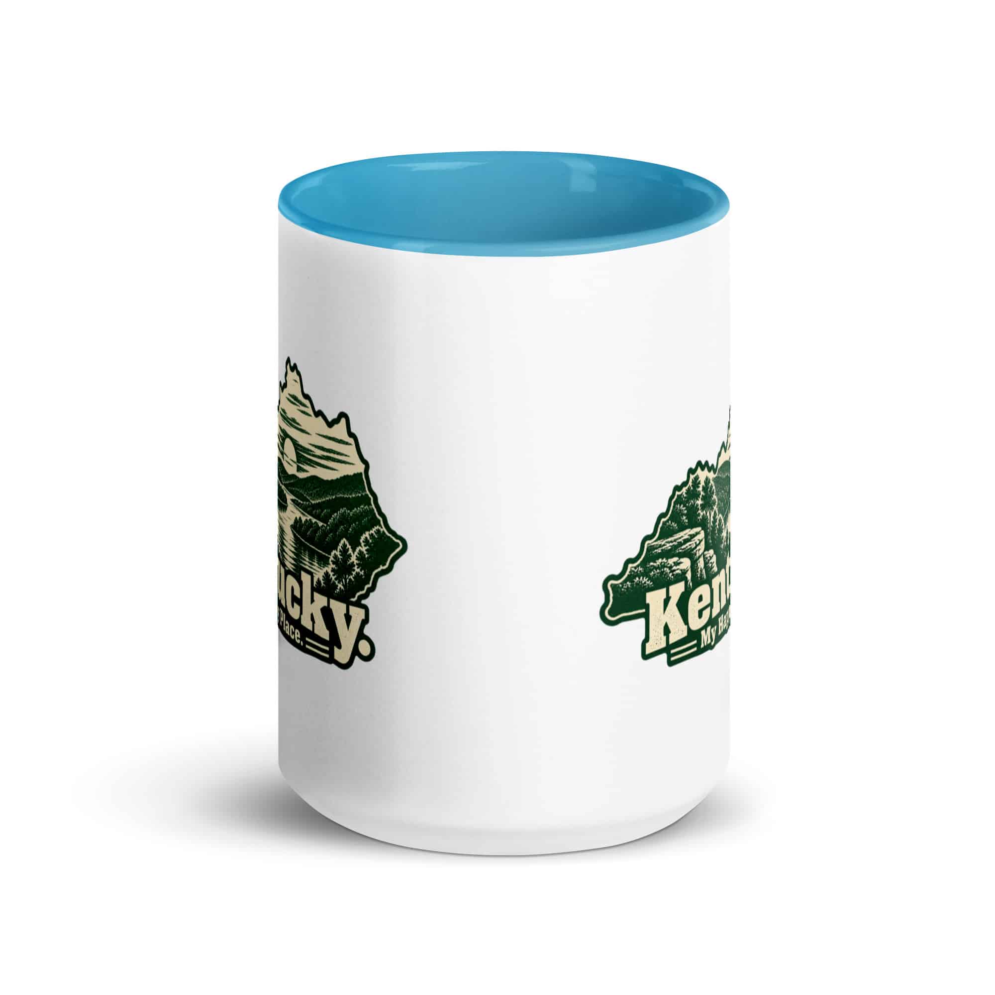 Kentucky Color Inside Coffee Mug: River valley at sunset, Woodcut Kentucky Silhouette