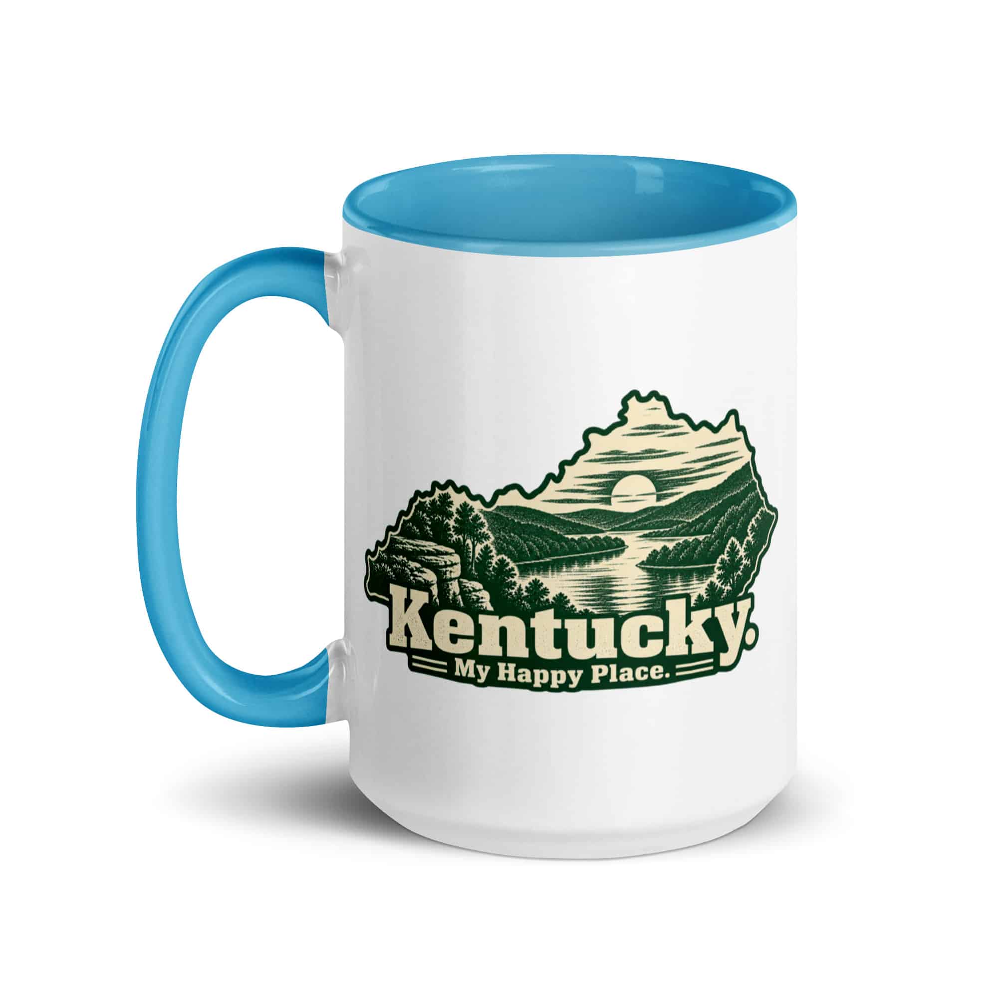 Kentucky Color Inside Coffee Mug: River valley at sunset, Woodcut Kentucky Silhouette