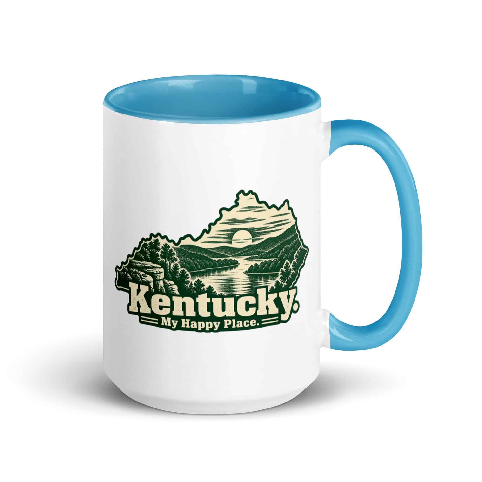 Kentucky Color Inside Coffee Mug: River valley at sunset, Woodcut Kentucky Silhouette