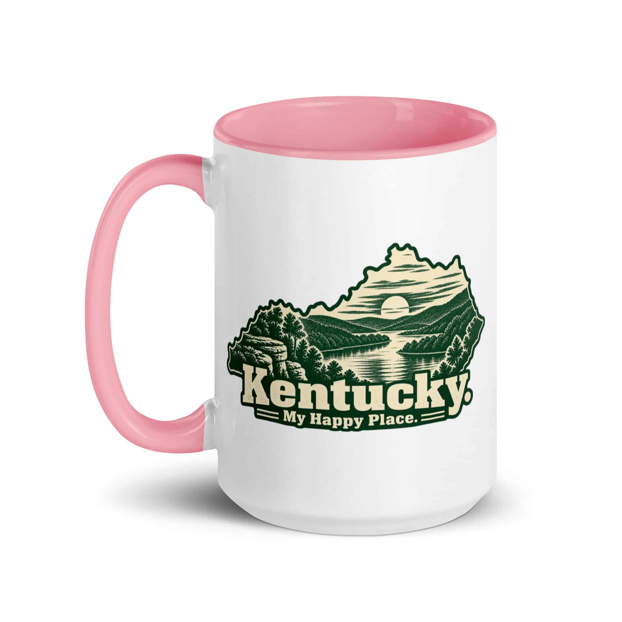 Kentucky Color Inside Coffee Mug: River valley at sunset, Woodcut Kentucky Silhouette
