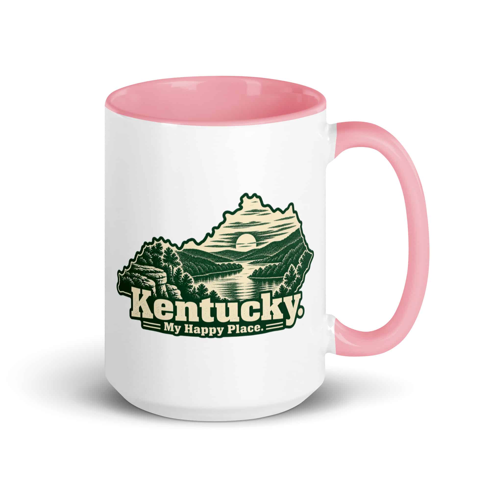 Kentucky Color Inside Coffee Mug: River valley at sunset, Woodcut Kentucky Silhouette