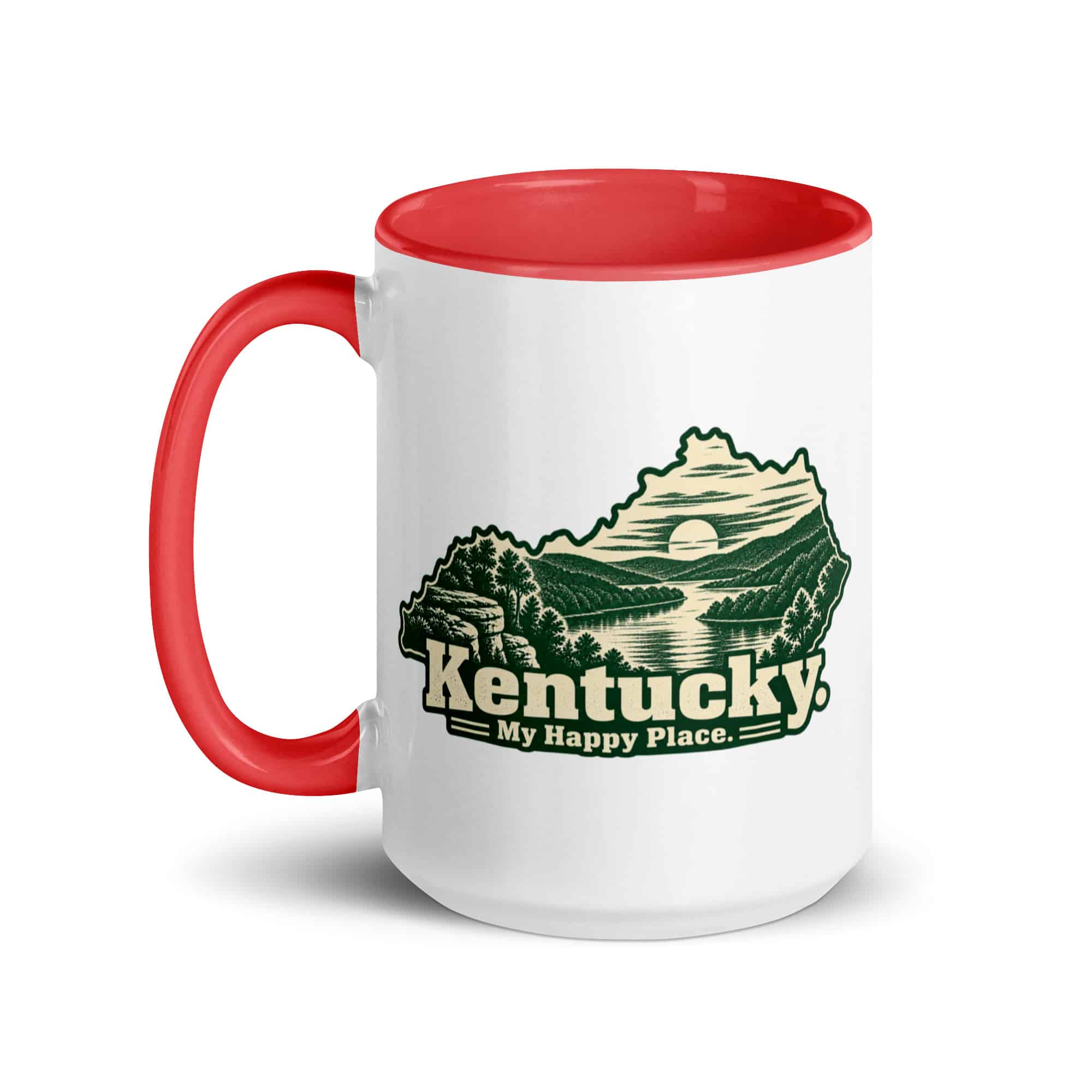 Kentucky Color Inside Coffee Mug: River valley at sunset, Woodcut Kentucky Silhouette