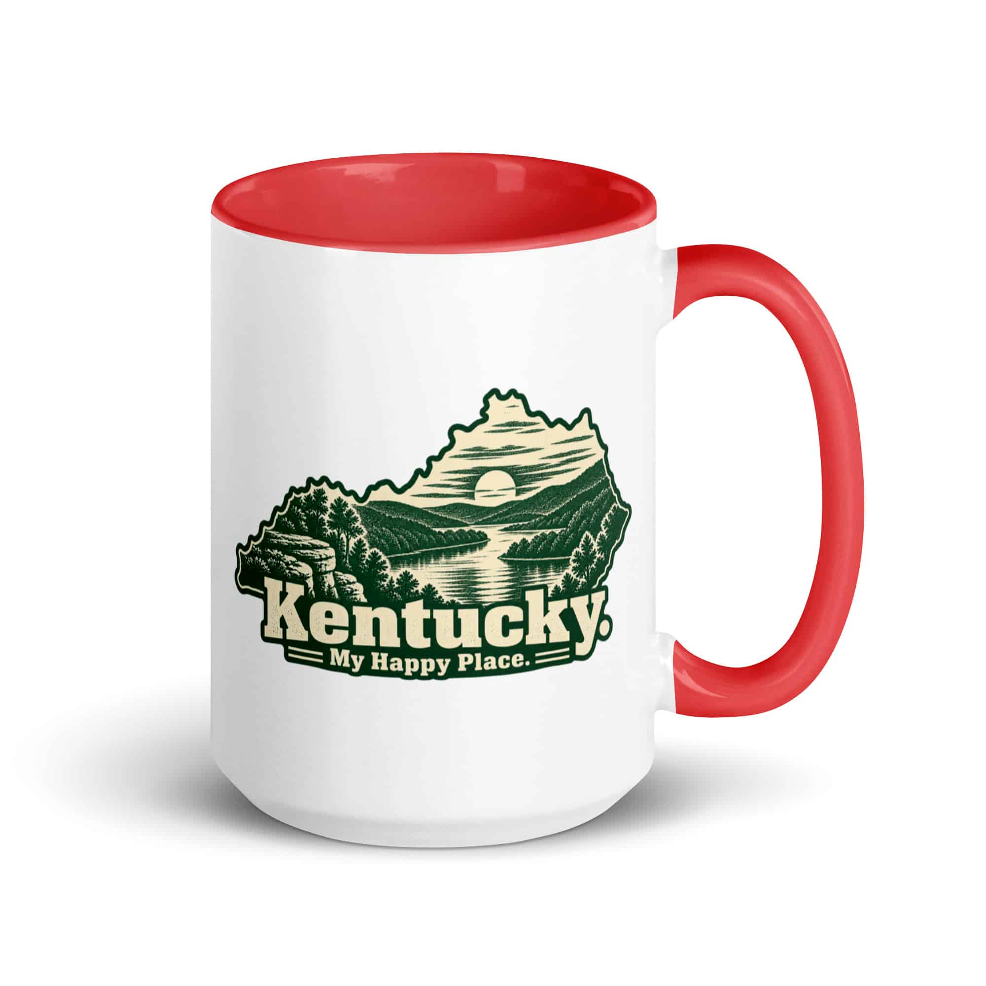 Kentucky Color Inside Coffee Mug: River valley at sunset, Woodcut Kentucky Silhouette