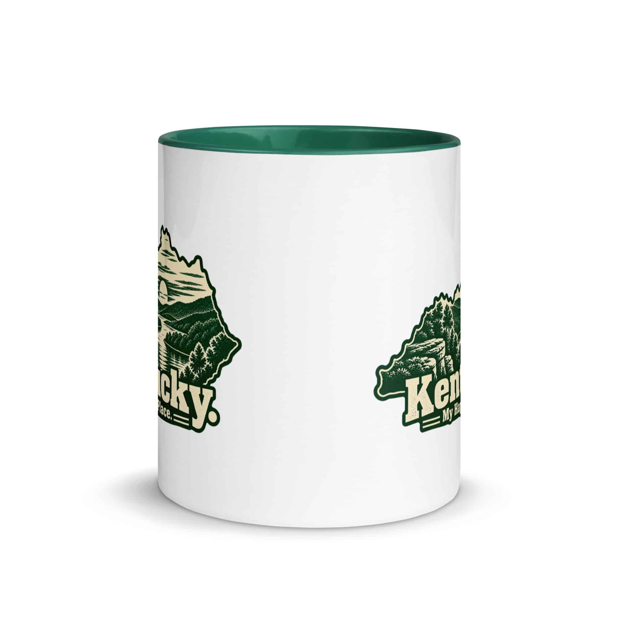 Kentucky Color Inside Coffee Mug: River valley at sunset, Woodcut Kentucky Silhouette