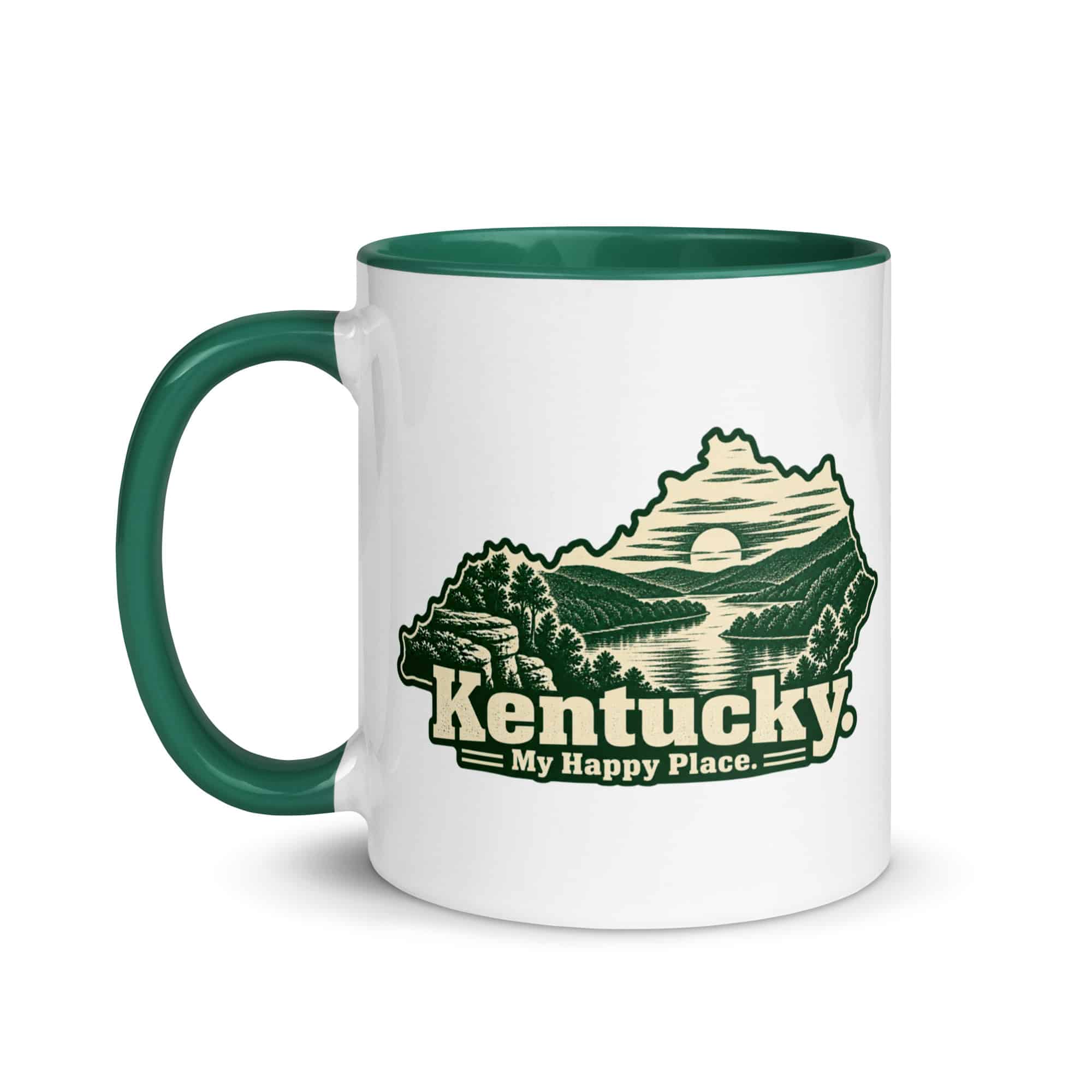 Kentucky Color Inside Coffee Mug: River valley at sunset, Woodcut Kentucky Silhouette
