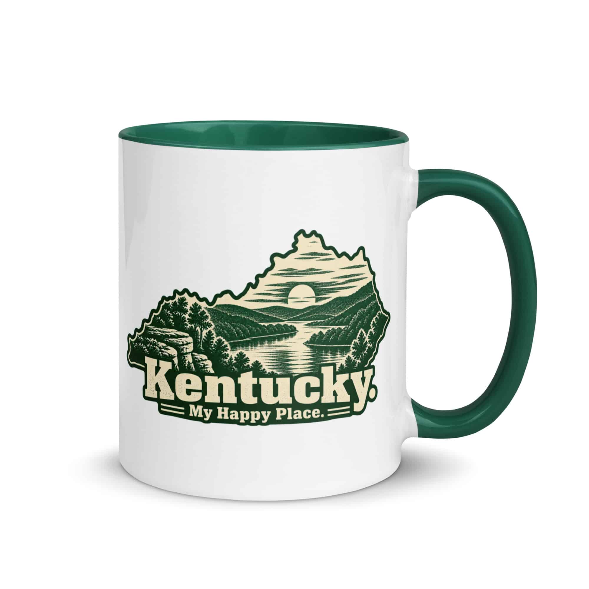 Kentucky Color Inside Coffee Mug: River valley at sunset, Woodcut Kentucky Silhouette