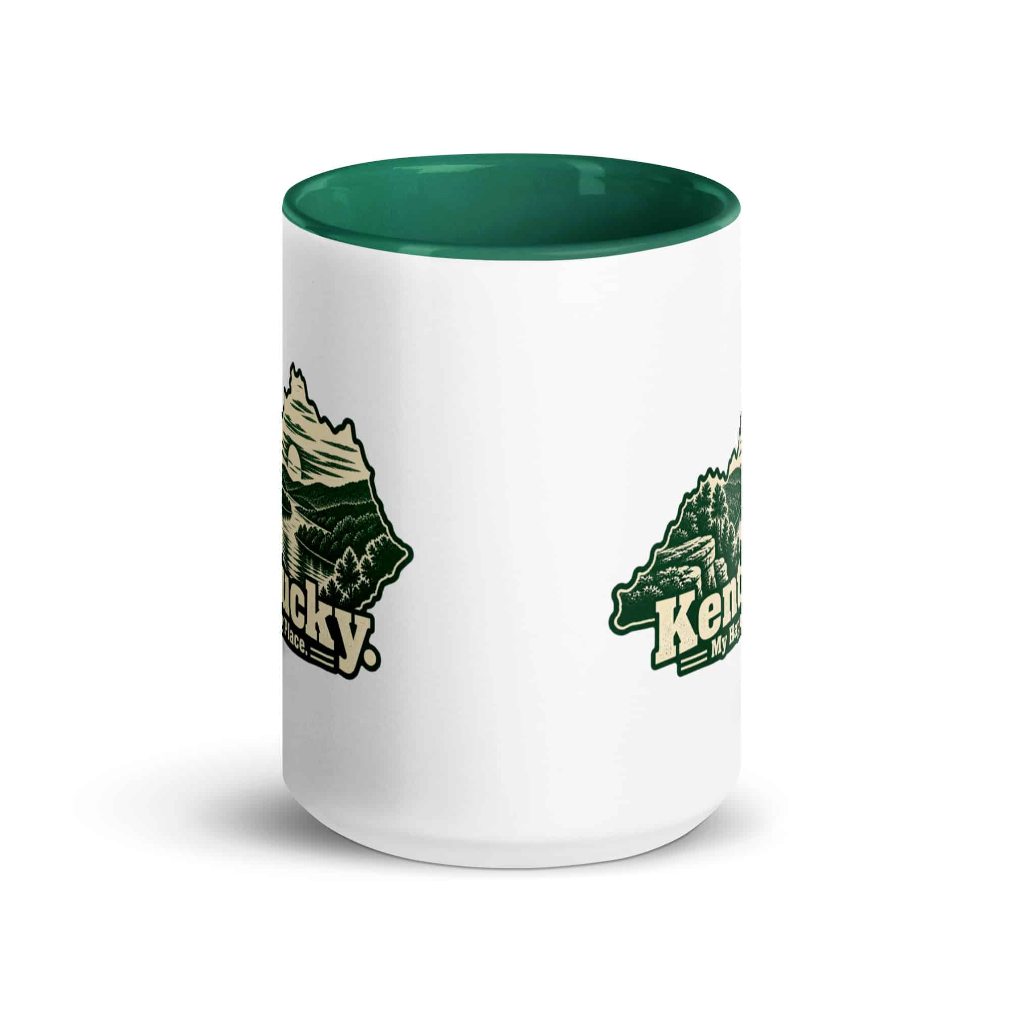 Kentucky Color Inside Coffee Mug: River valley at sunset, Woodcut Kentucky Silhouette