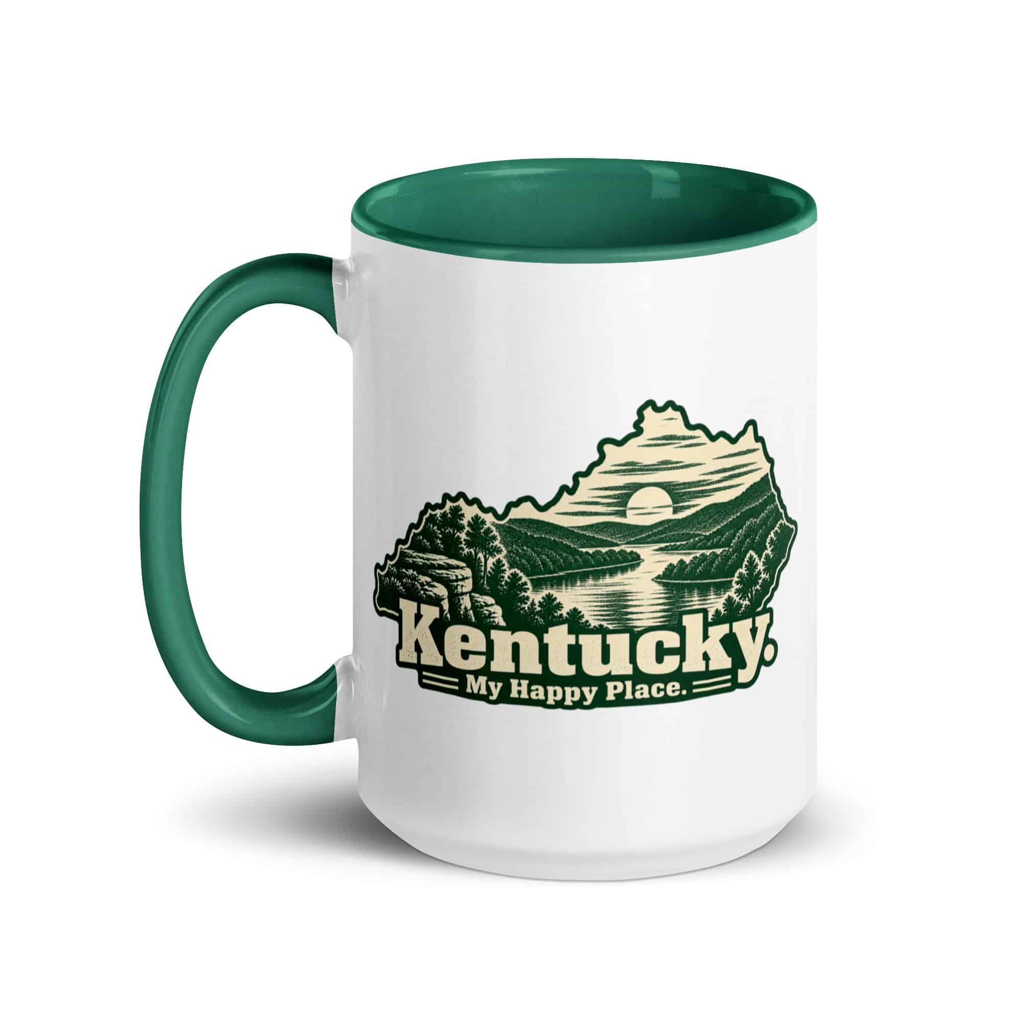 Kentucky Color Inside Coffee Mug: River valley at sunset, Woodcut Kentucky Silhouette