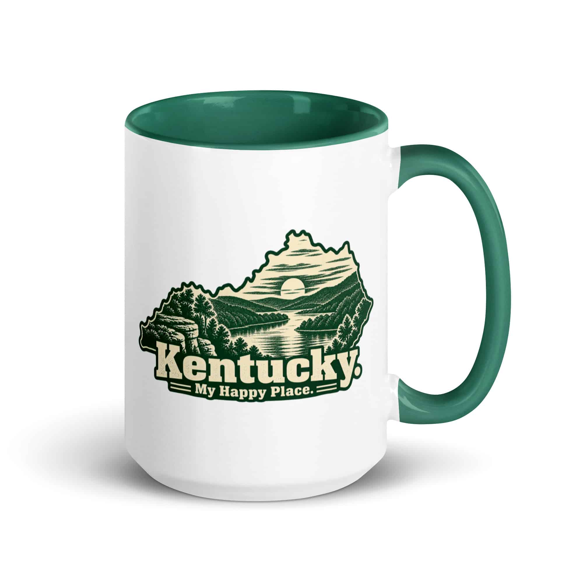 Kentucky Color Inside Coffee Mug: River valley at sunset, Woodcut Kentucky Silhouette