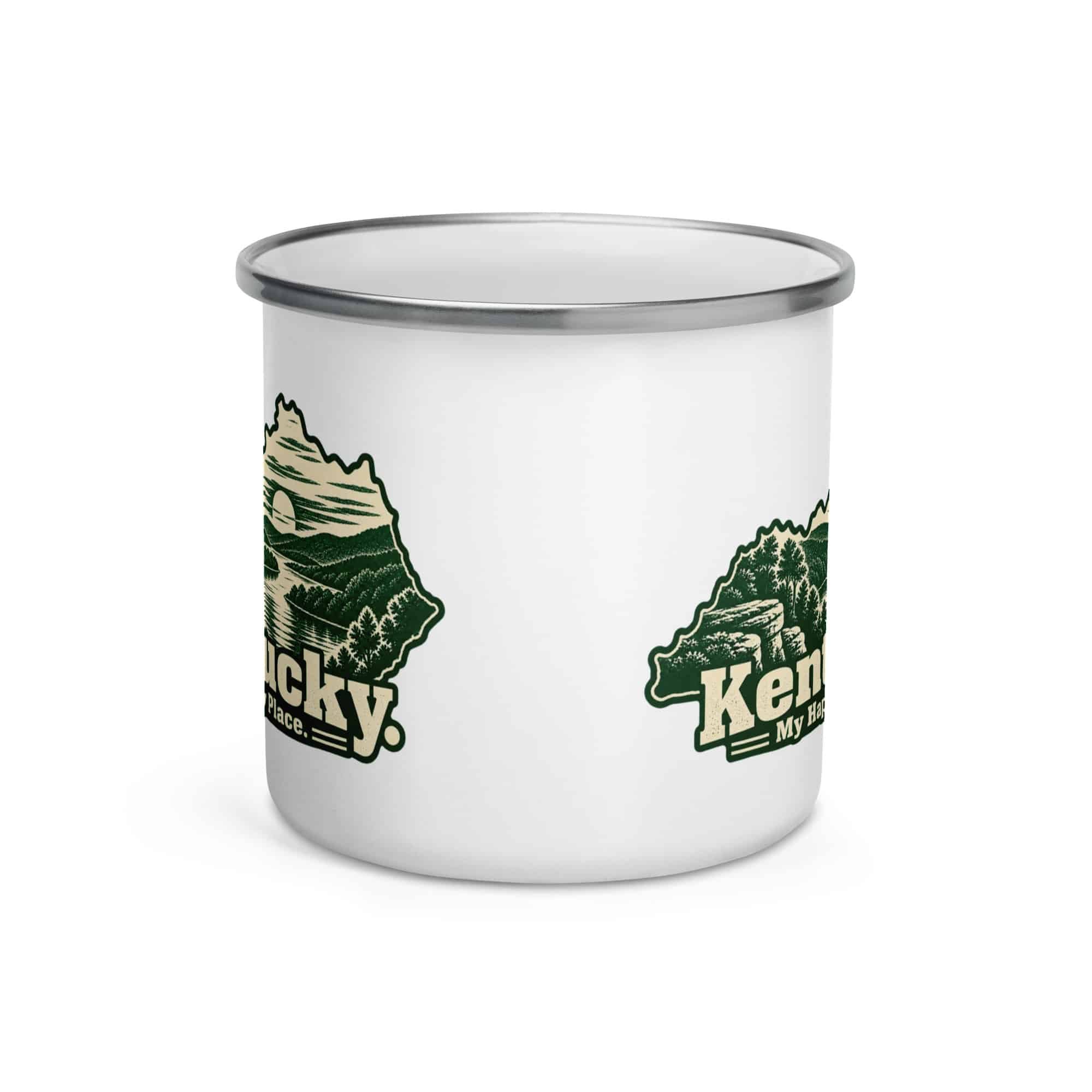 Kentucky Enamel Camp Mug: River valley at sunset, Woodcut Kentucky Silhouette