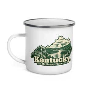 Kentucky Enamel Camp Mug: River valley at sunset, Woodcut Kentucky Silhouette - 12 oz - Left