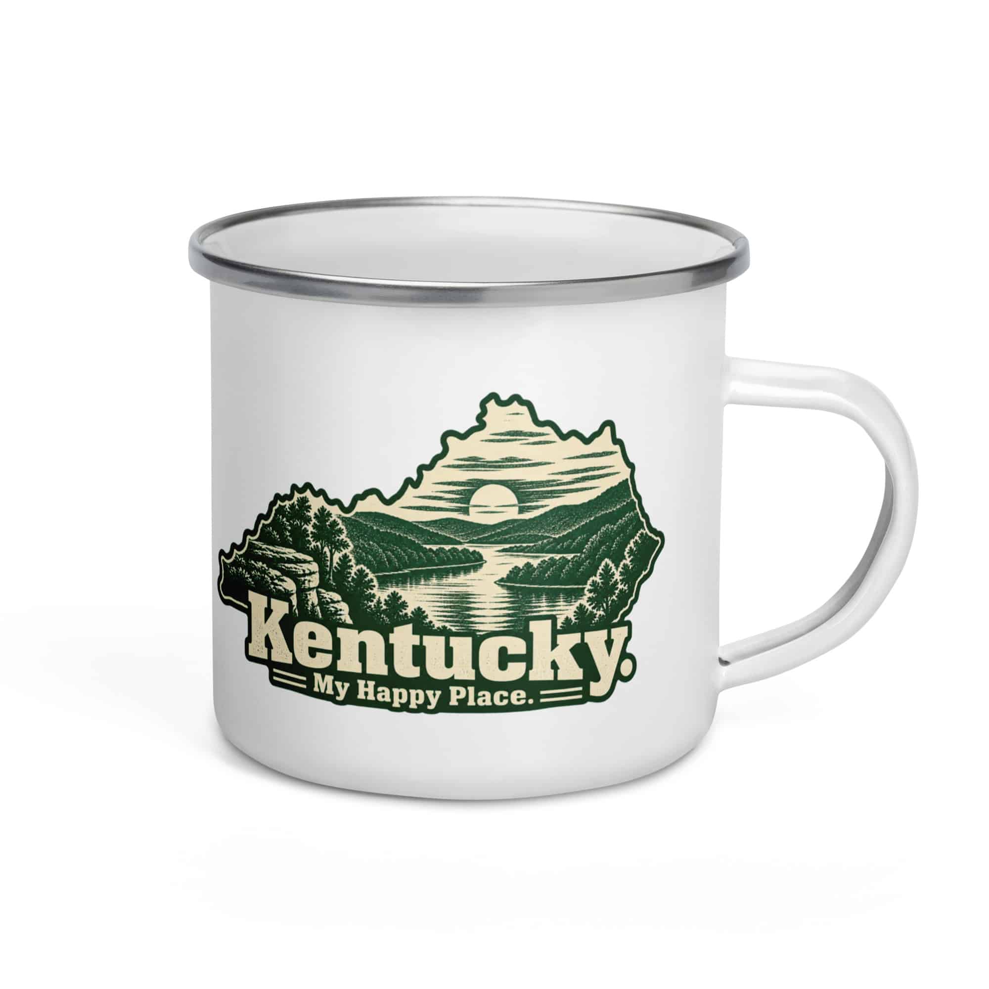 Kentucky Enamel Camp Mug: River valley at sunset, Woodcut Kentucky Silhouette