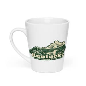 Kentucky Latte Mug: River valley at sunset, Woodcut Kentucky Silhouette - 12 oz - Main