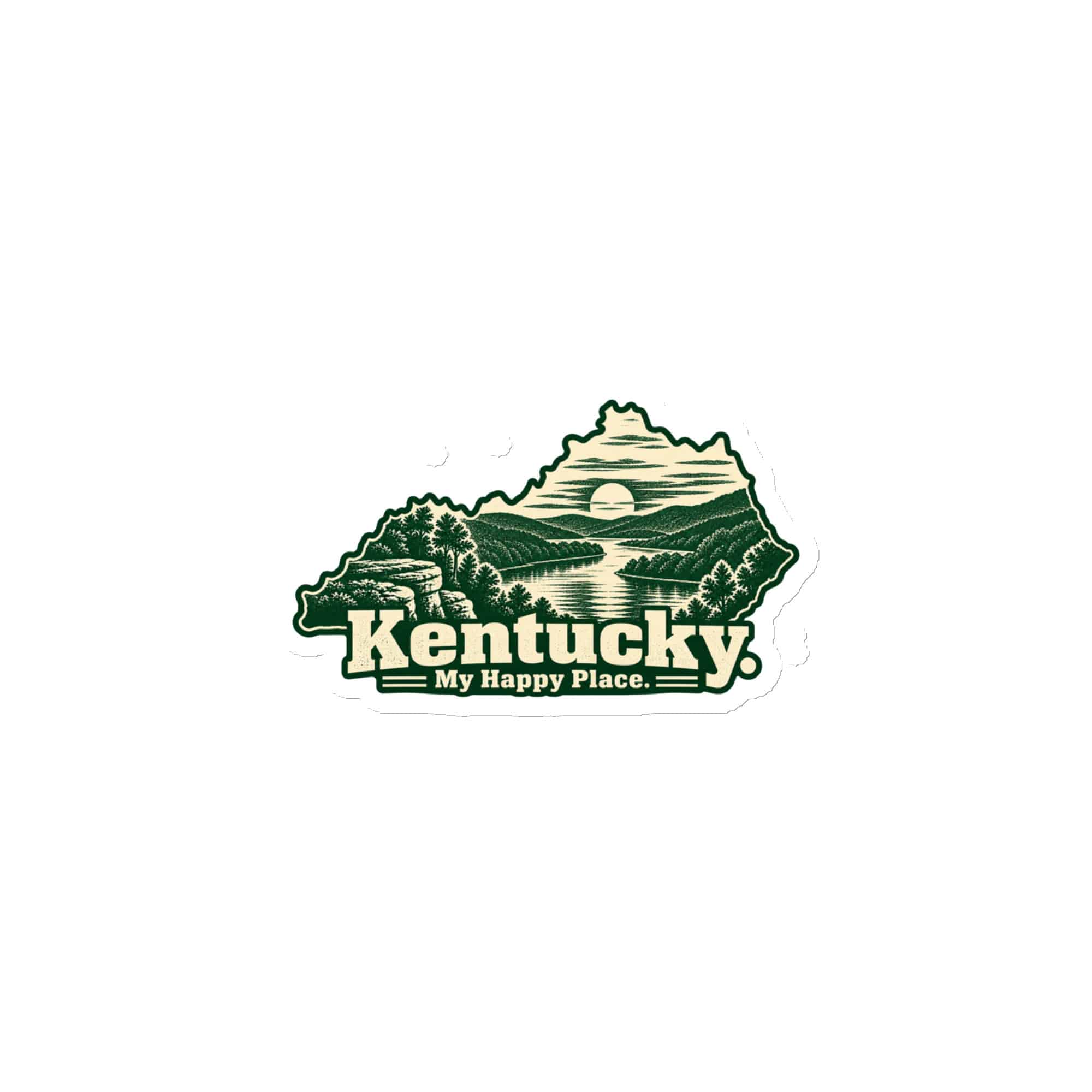 Kentucky Die-Cut Magnet: River valley at sunset, Woodcut Kentucky Silhouette