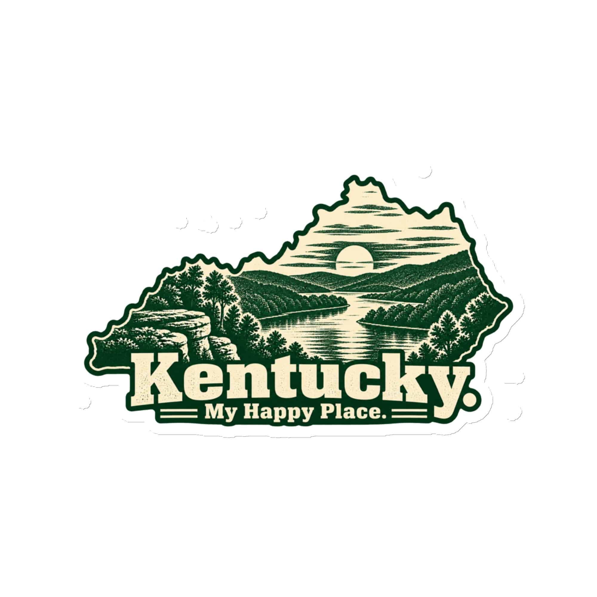 Kentucky Die-Cut Magnet: River valley at sunset, Woodcut Kentucky Silhouette