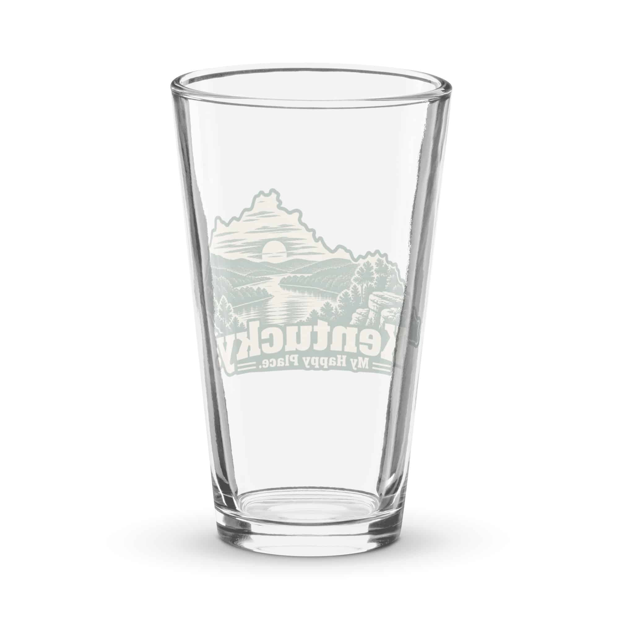 Kentucky Pint Glass: River valley at sunset, Woodcut Kentucky Silhouette