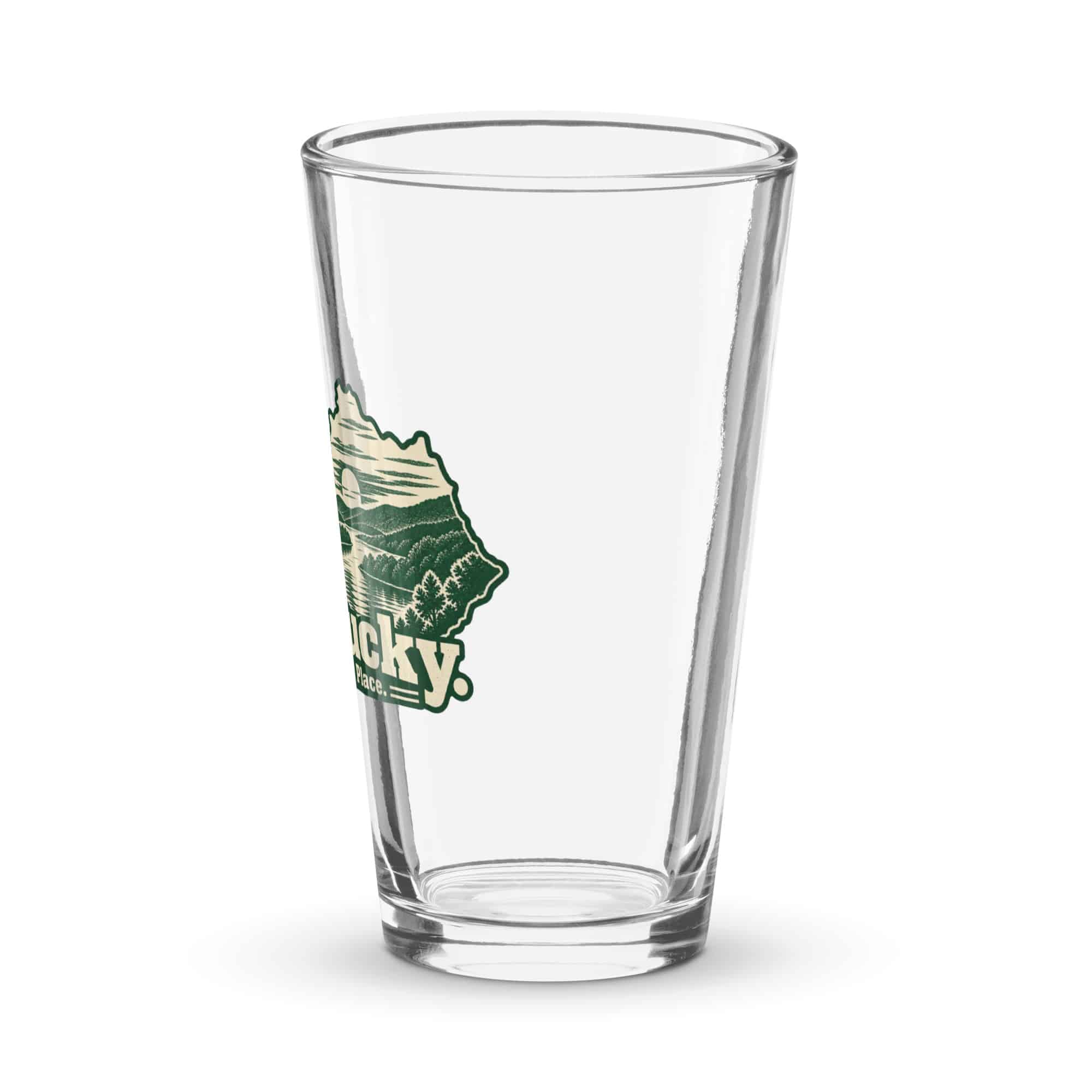 Kentucky Pint Glass: River valley at sunset, Woodcut Kentucky Silhouette