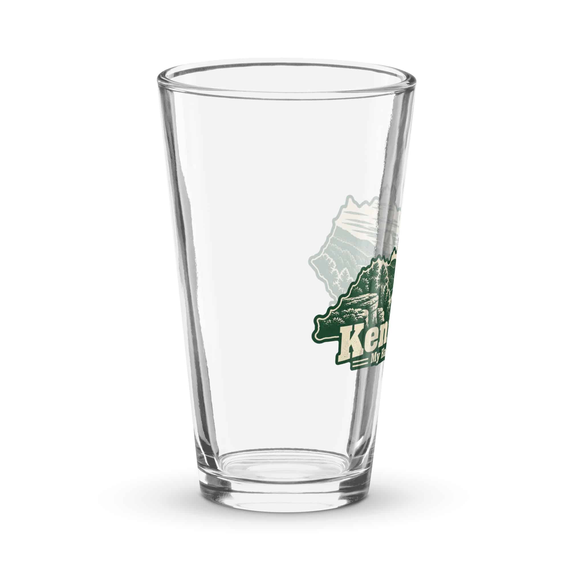 Kentucky Pint Glass: River valley at sunset, Woodcut Kentucky Silhouette