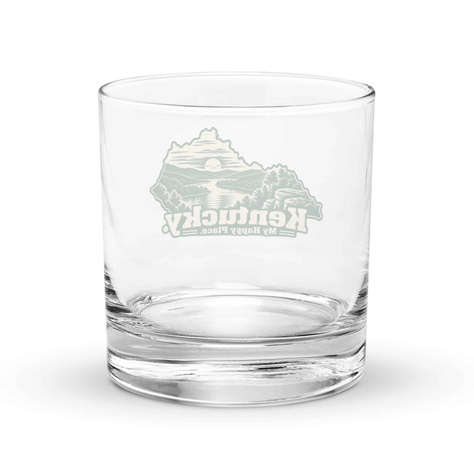 Kentucky Rocks Glass: River valley at sunset, Woodcut Kentucky Silhouette