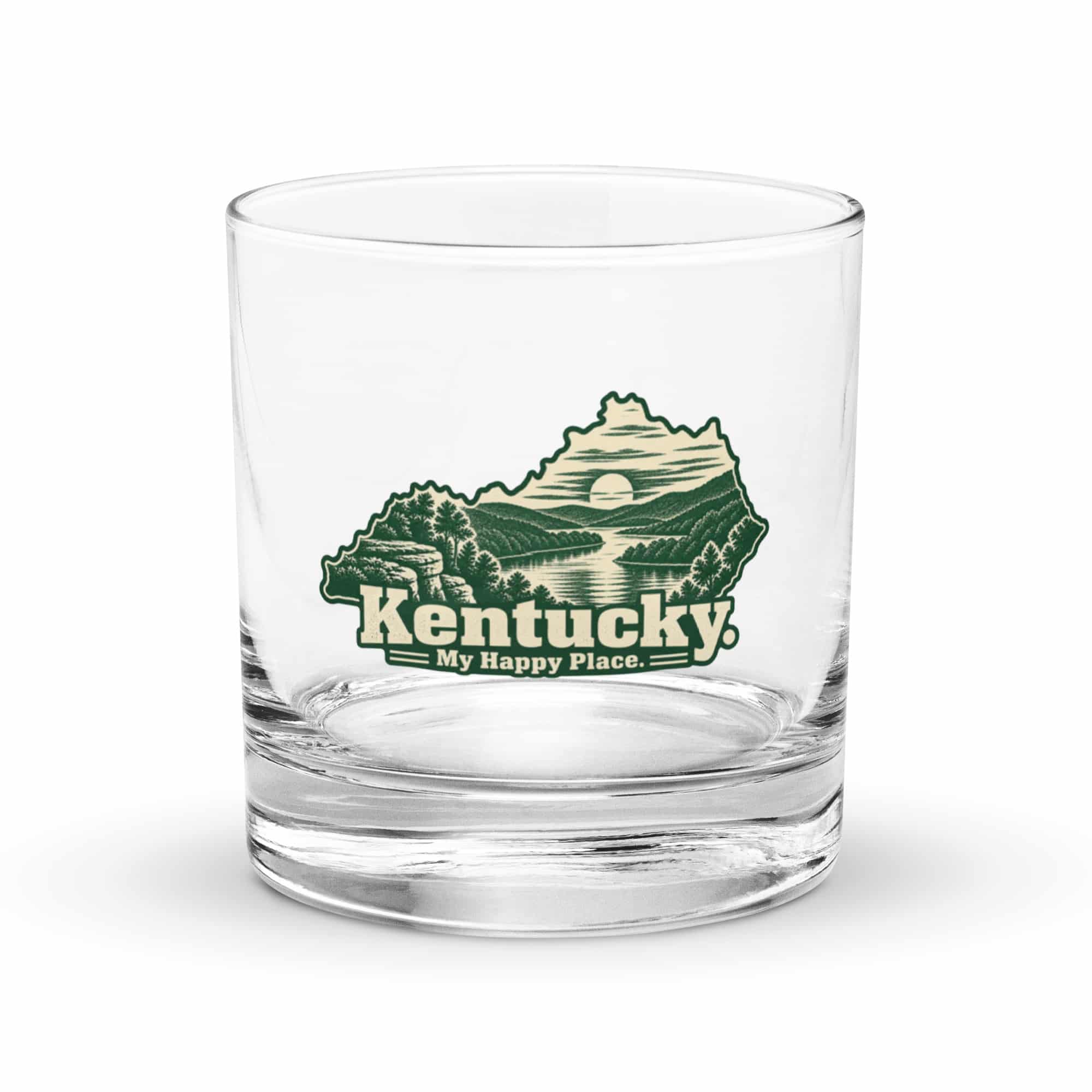 Kentucky Rocks Glass: River valley at sunset, Woodcut Kentucky Silhouette