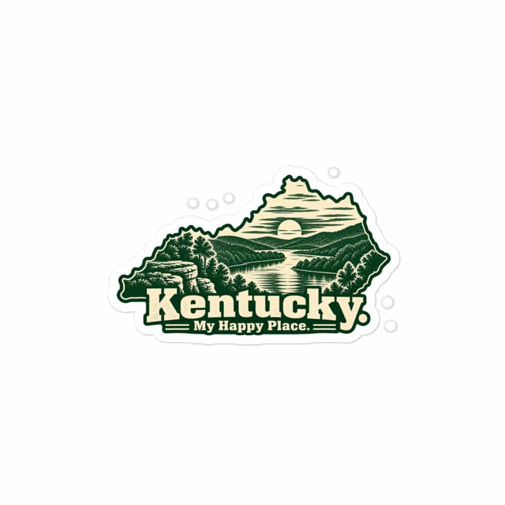 Kentucky Vinyl Sticker: River valley at sunset, Woodcut Kentucky Silhouette