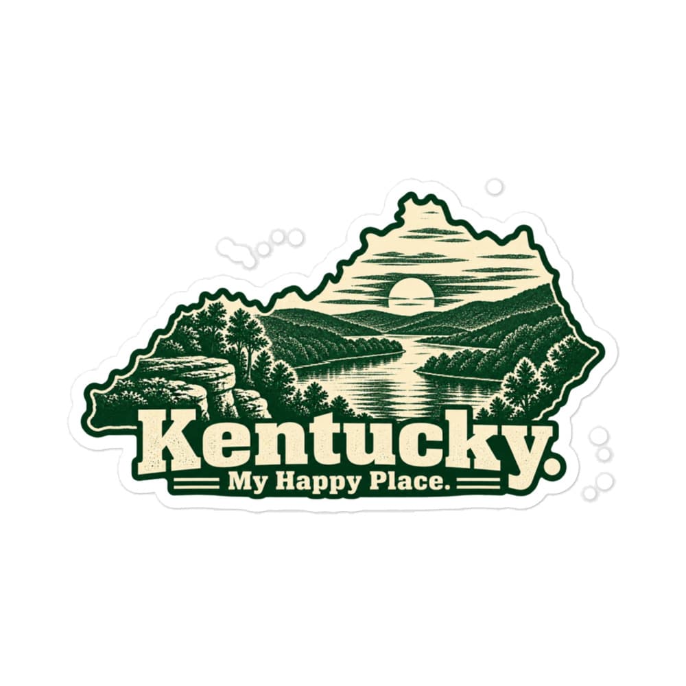Kentucky Vinyl Sticker: River valley at sunset, Woodcut Kentucky Silhouette