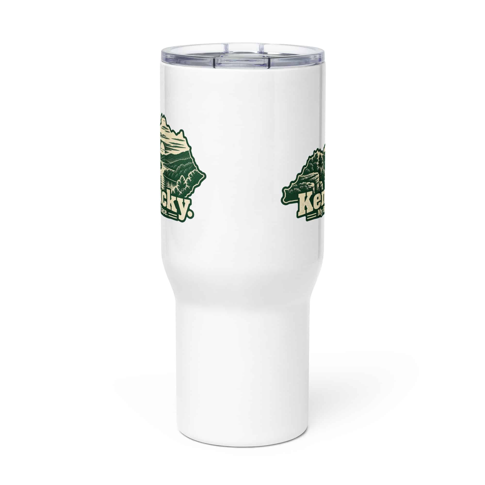 Kentucky Travel Mug: River valley at sunset, Woodcut Kentucky Silhouette