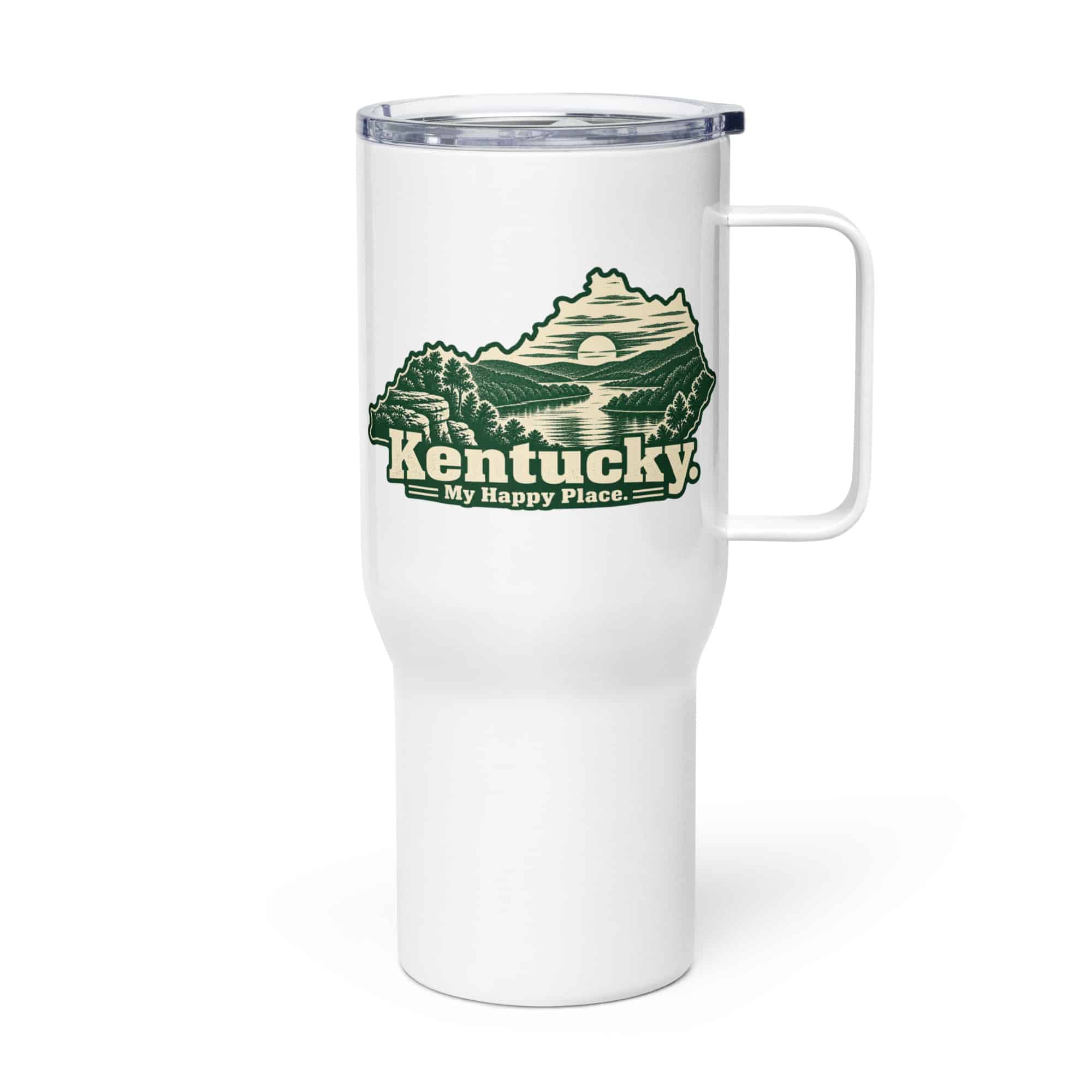 Kentucky Travel Mug: River valley at sunset, Woodcut Kentucky Silhouette