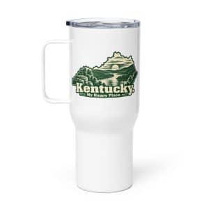 Kentucky Travel Mug: River valley at sunset, Woodcut Kentucky Silhouette - 25 oz - Main