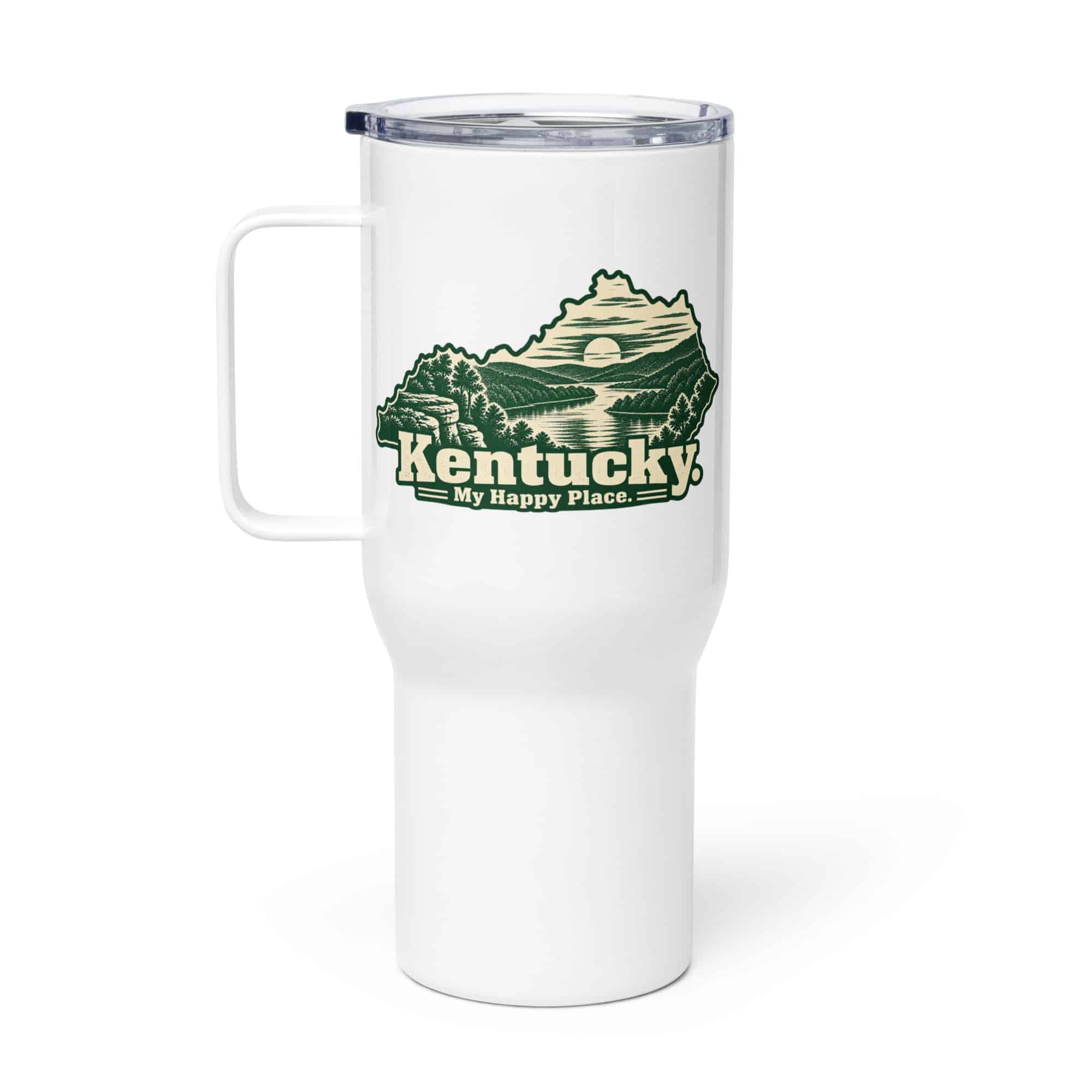 Kentucky Travel Mug: River valley at sunset, Woodcut Kentucky Silhouette