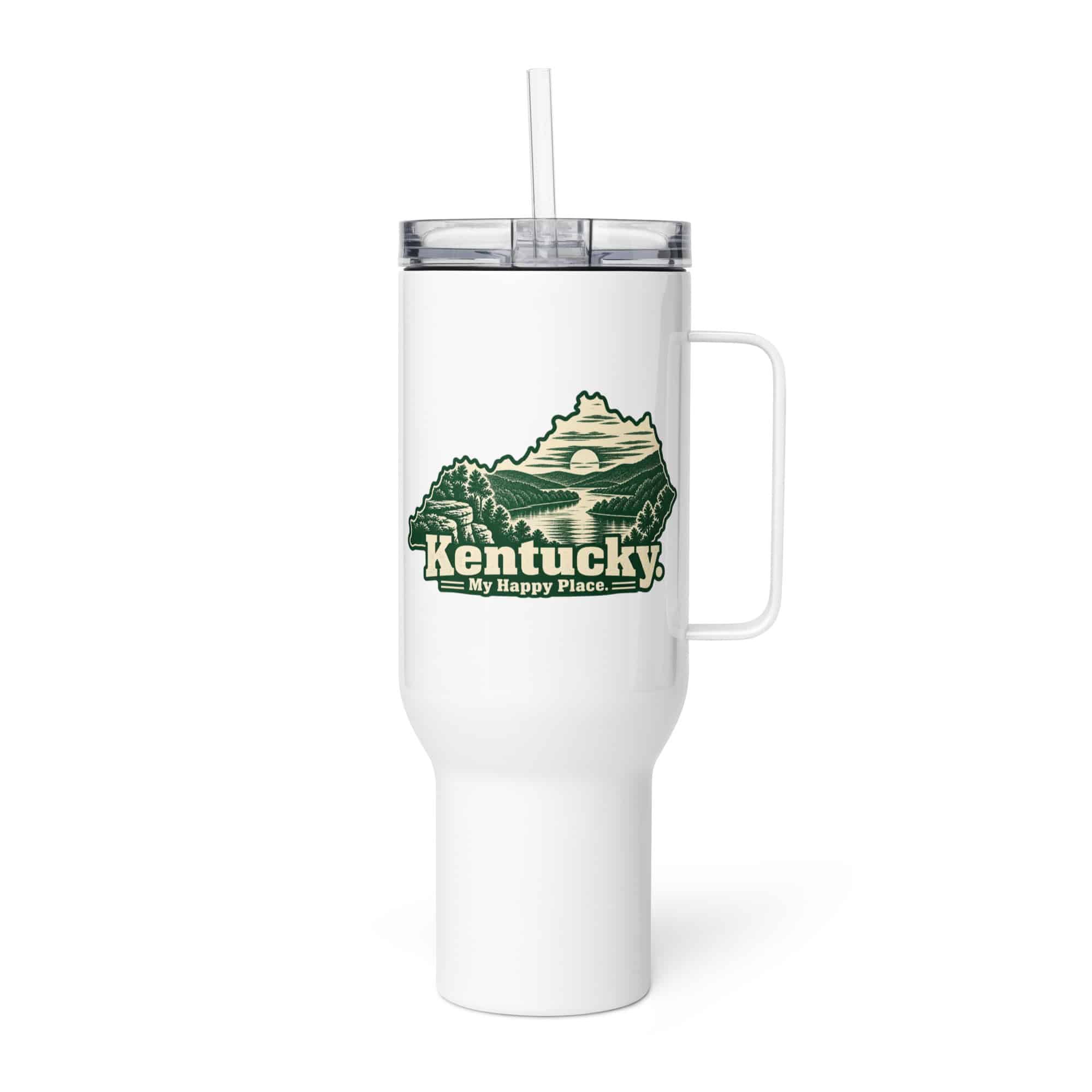 Kentucky Travel Mug: River valley at sunset, Woodcut Kentucky Silhouette