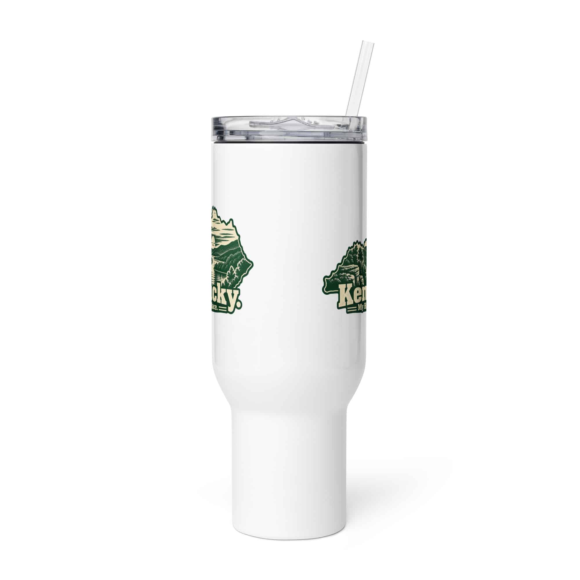Kentucky Travel Mug: River valley at sunset, Woodcut Kentucky Silhouette