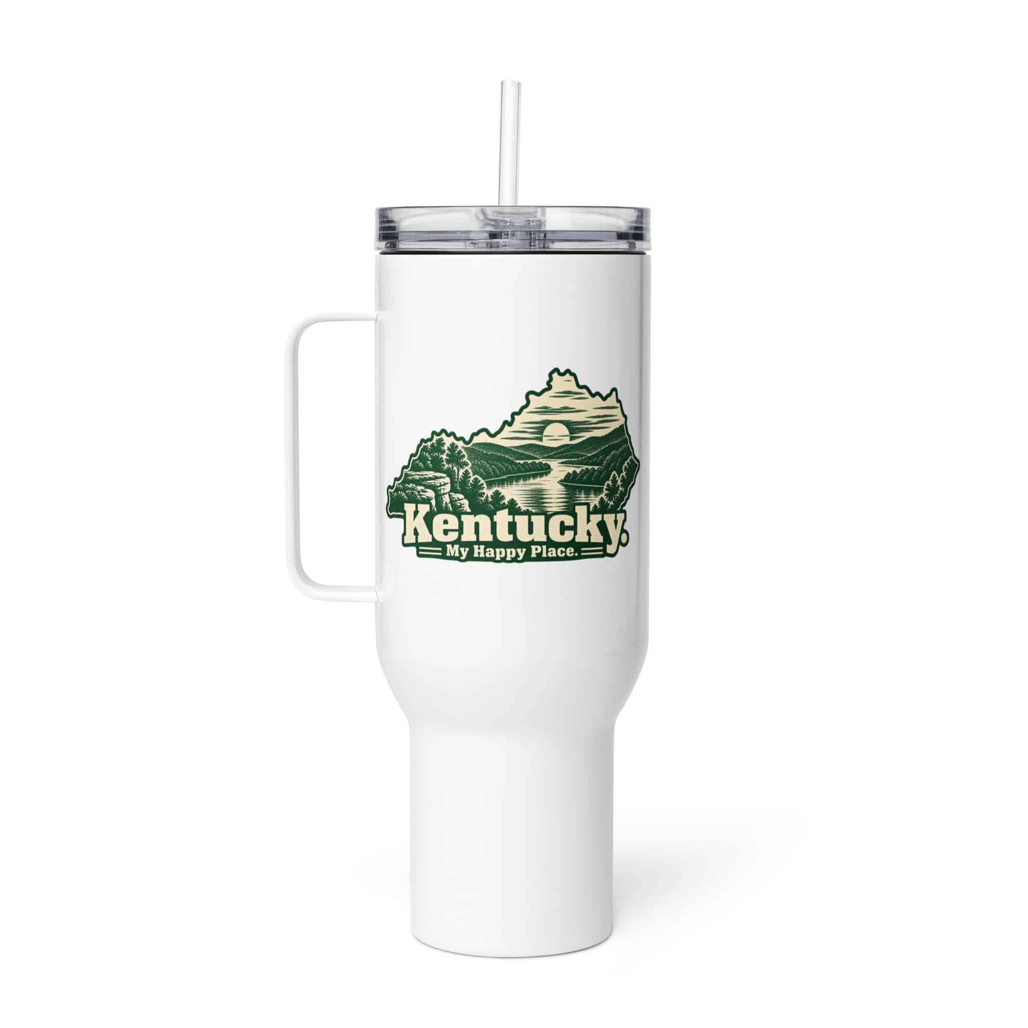 Kentucky Travel Mug: River valley at sunset, Woodcut Kentucky Silhouette