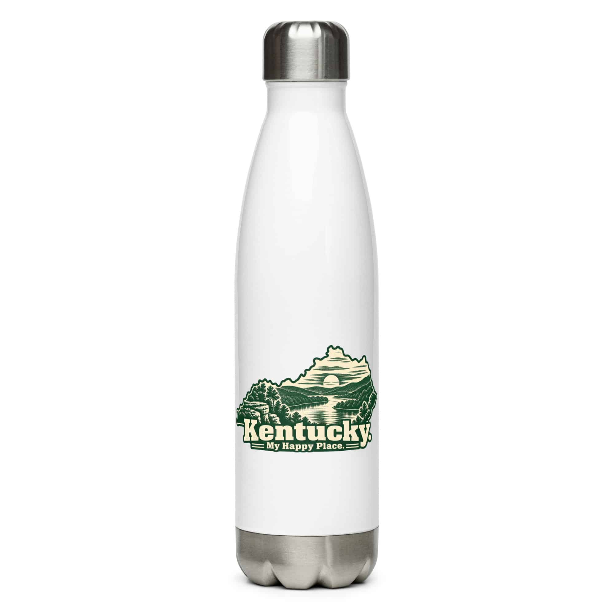 Kentucky Stainless Steel Water Bottle: River valley at sunset, Woodcut Kentucky Silhouette