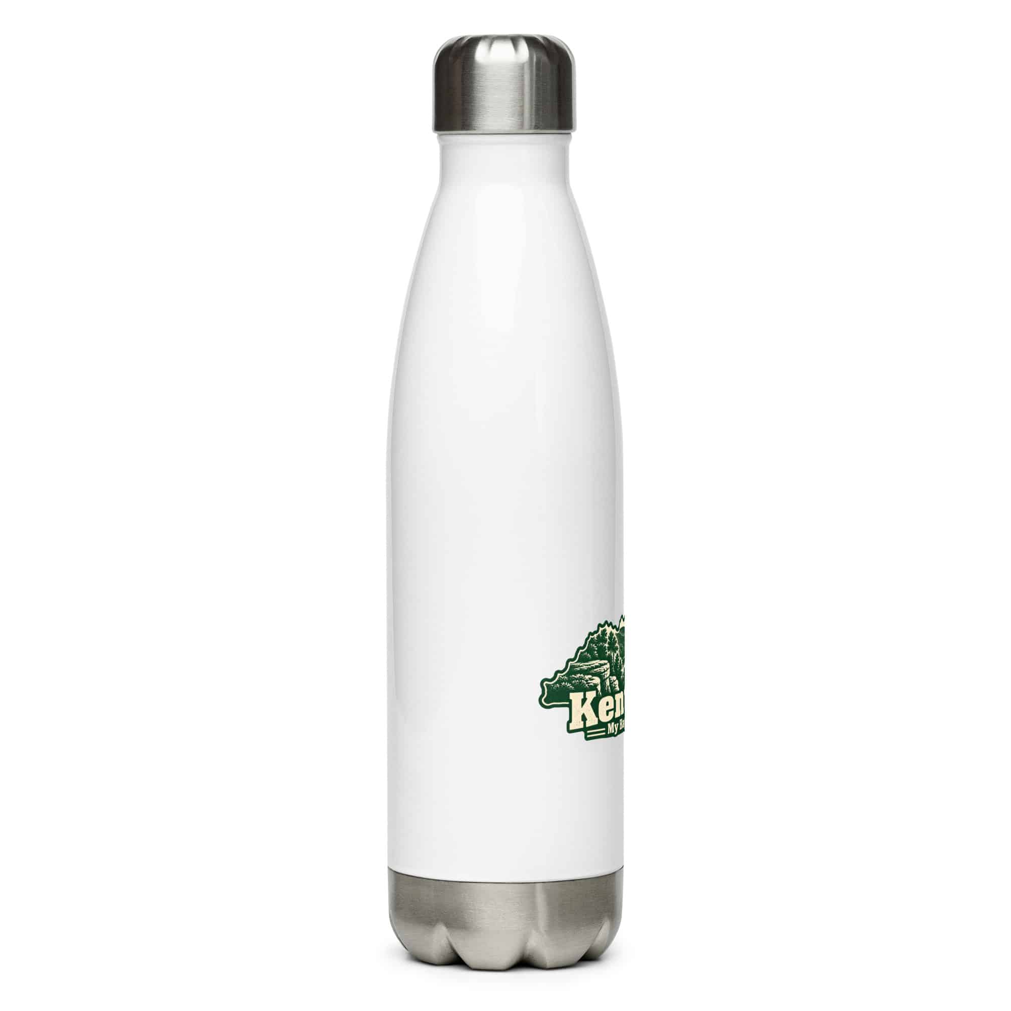 Kentucky Stainless Steel Water Bottle: River valley at sunset, Woodcut Kentucky Silhouette