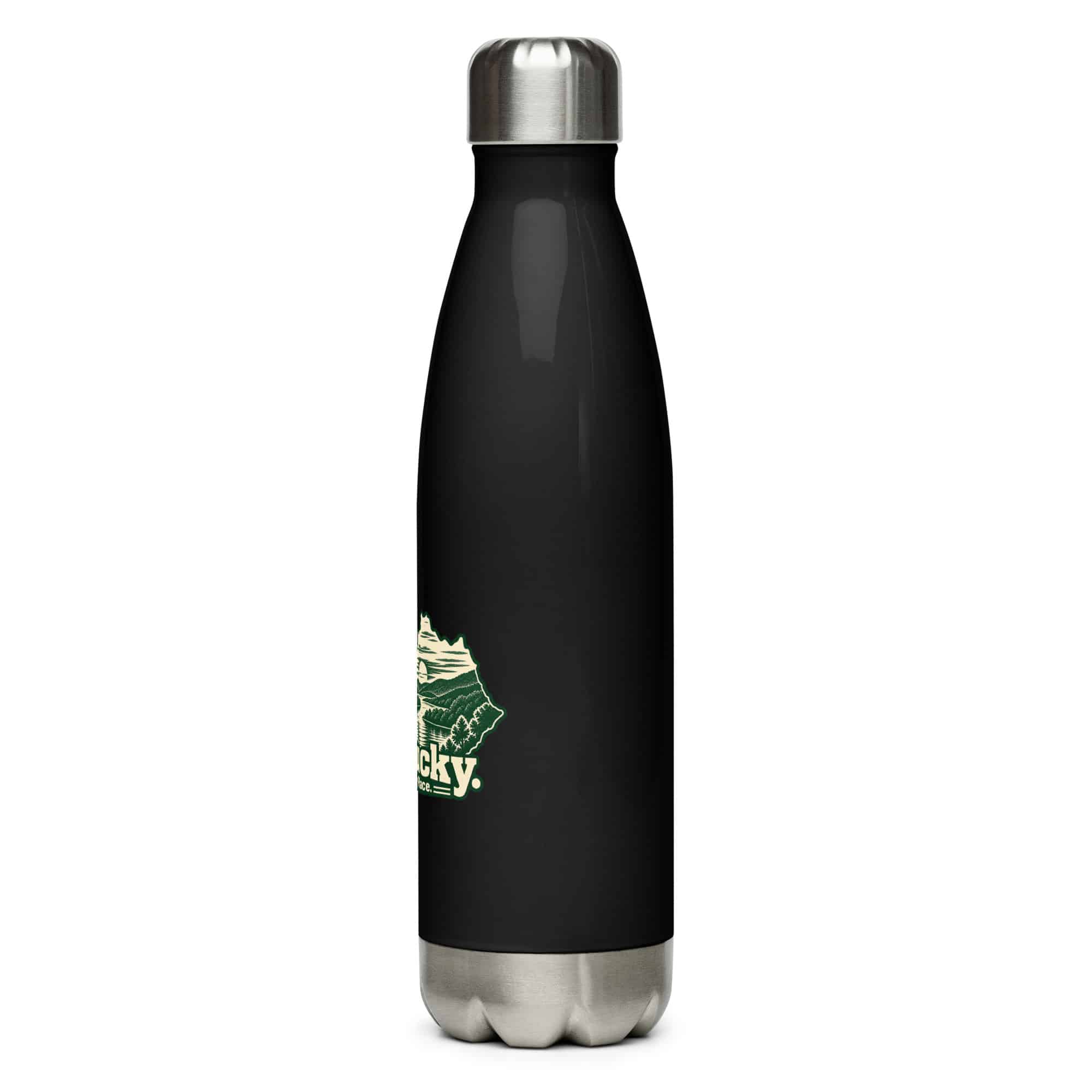 Kentucky Stainless Steel Water Bottle: River valley at sunset, Woodcut Kentucky Silhouette