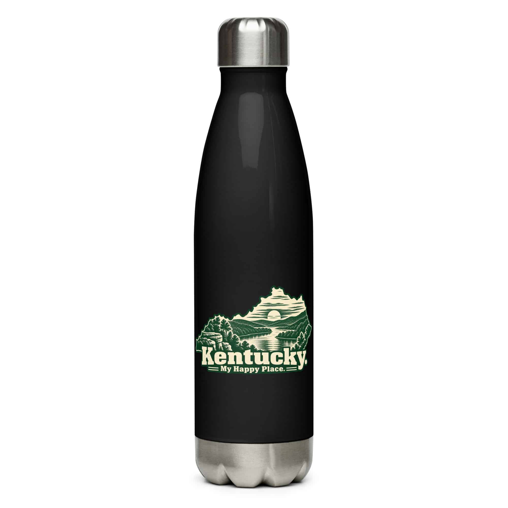 Kentucky Stainless Steel Water Bottle: River valley at sunset, Woodcut Kentucky Silhouette
