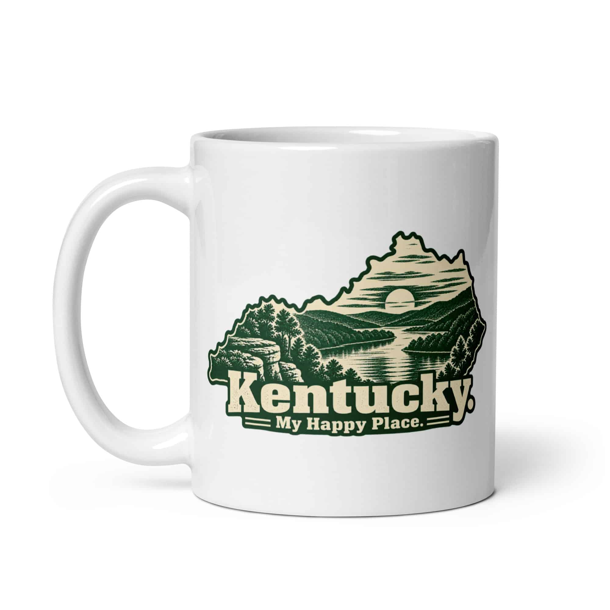 Kentucky White Ceramic Coffee Mug: River valley at sunset, Woodcut Kentucky Silhouette