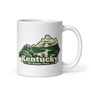 Kentucky White Ceramic Coffee Mug: River valley at sunset, Woodcut Kentucky Silhouette - 11 oz - Main