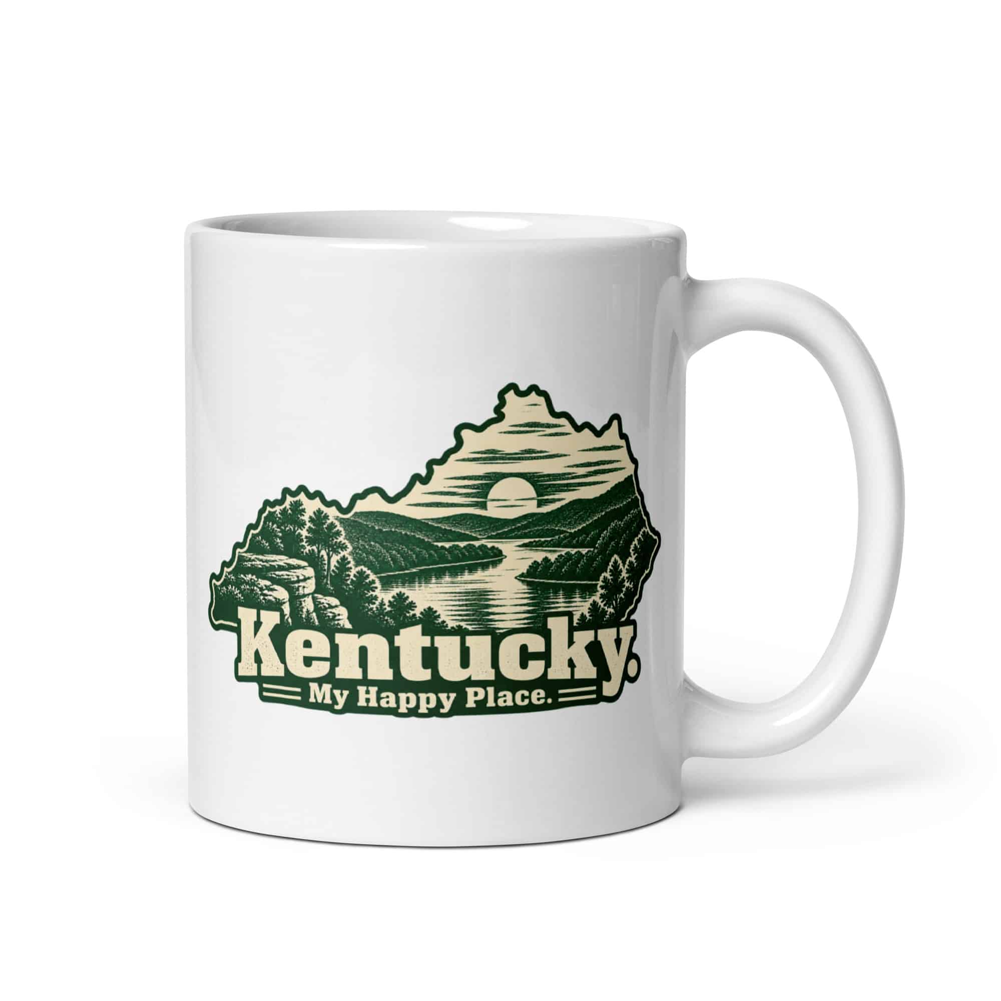 Kentucky White Ceramic Coffee Mug: River valley at sunset, Woodcut Kentucky Silhouette