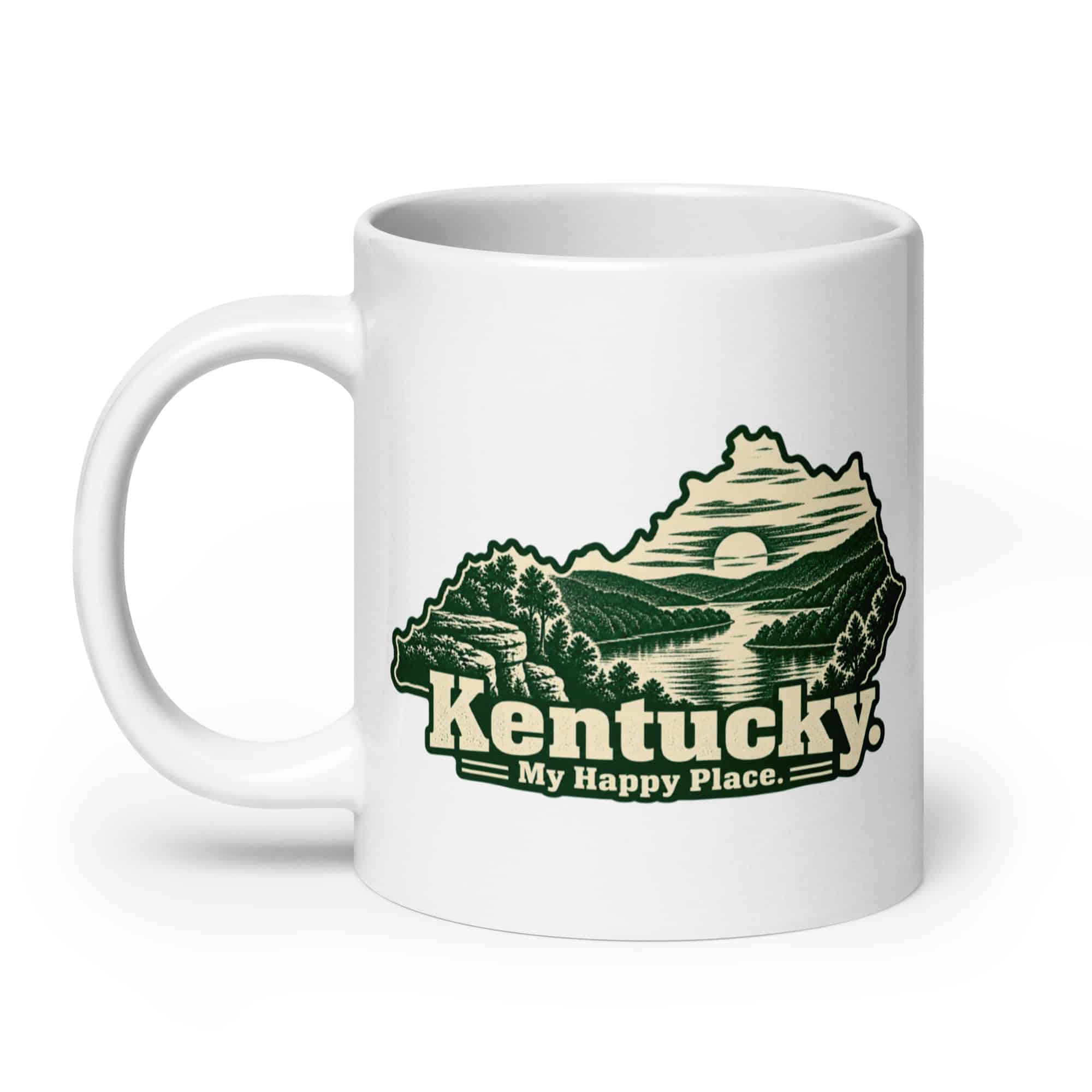Kentucky White Ceramic Coffee Mug: River valley at sunset, Woodcut Kentucky Silhouette
